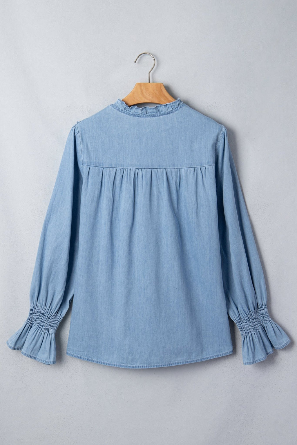 Western Denim Chambray Ruffle V-Neck Long Sleeve Blouse - Rooted & Reckless Co.