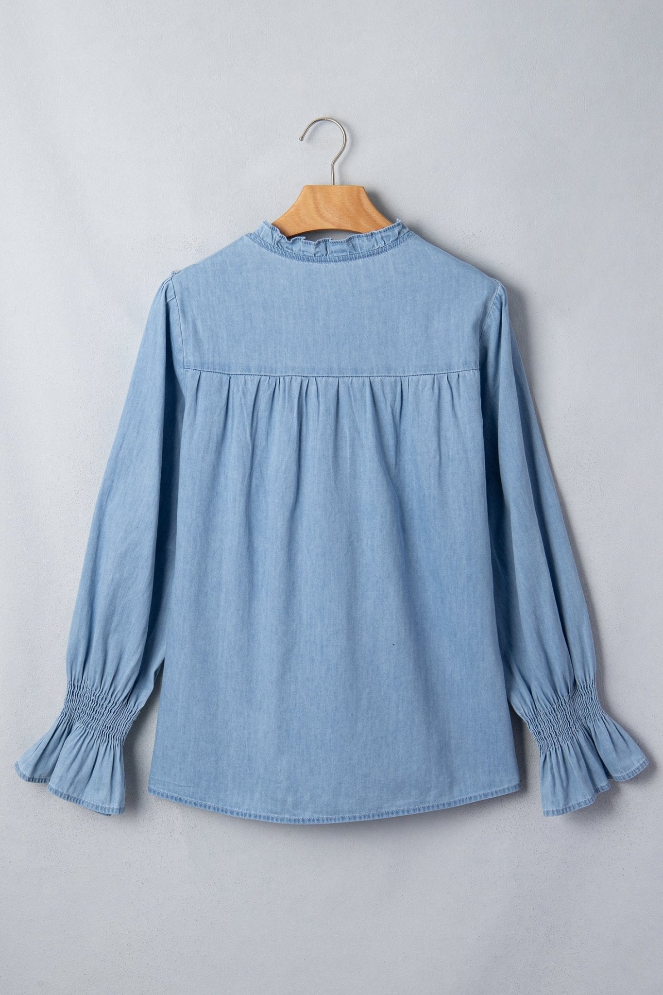 Western Denim Chambray Ruffle V-Neck Long Sleeve Blouse - Rooted & Reckless Co.