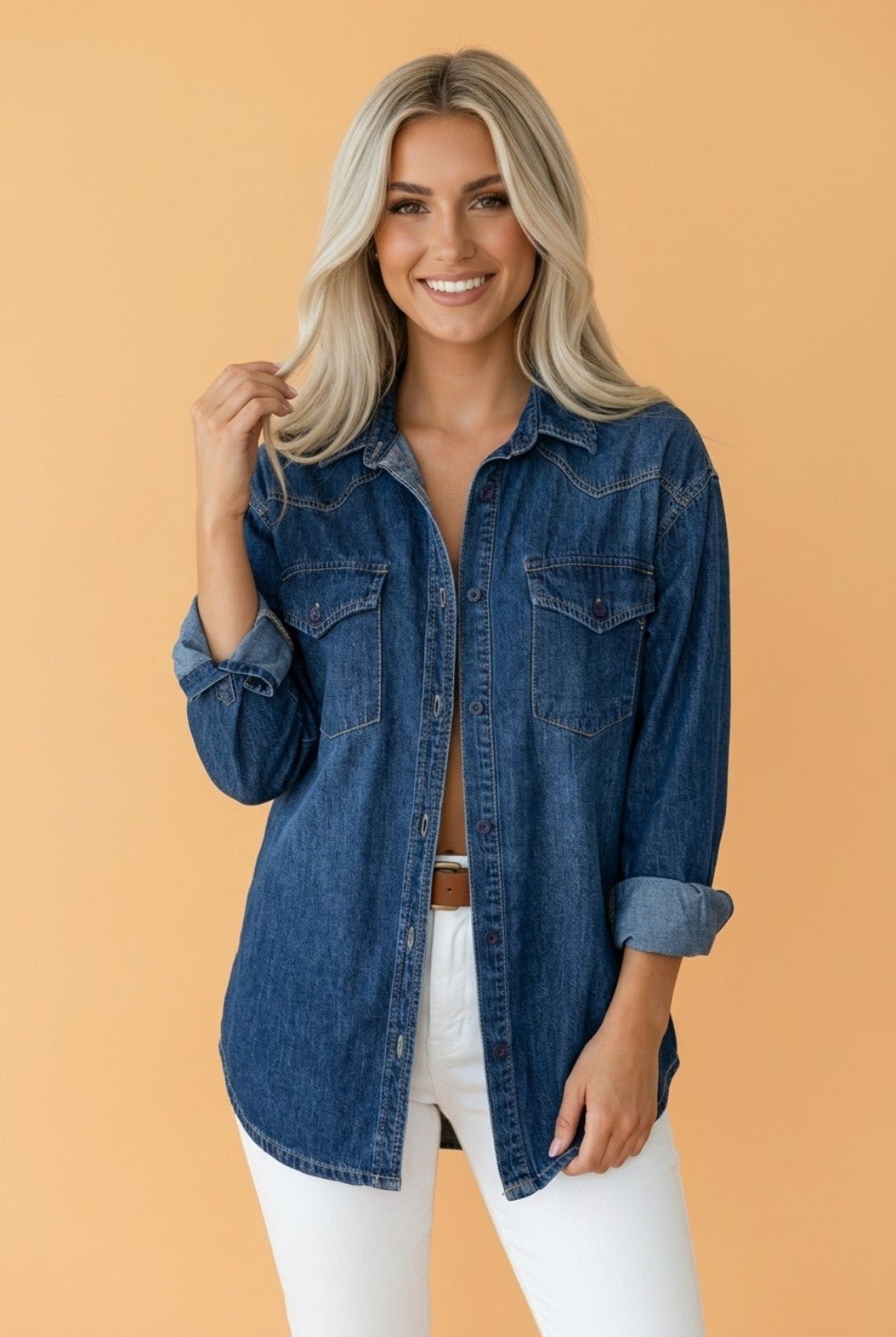 Western Denim Patch Pockets Long Sleeve Shirt - Rooted & Reckless Co.