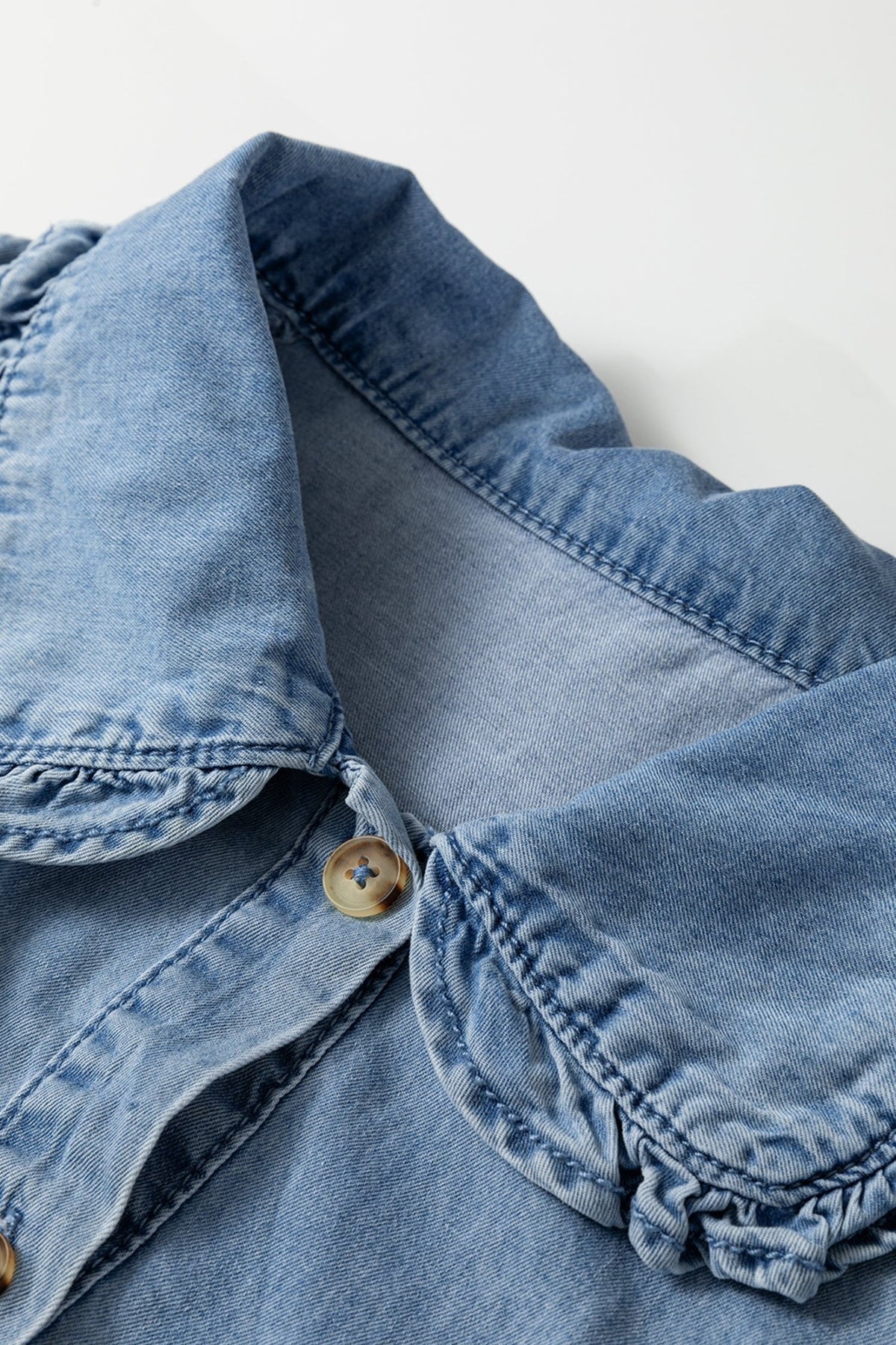 Western Denim Ruffle Peter Pan Collar Shirt - Rooted & Reckless Co.
