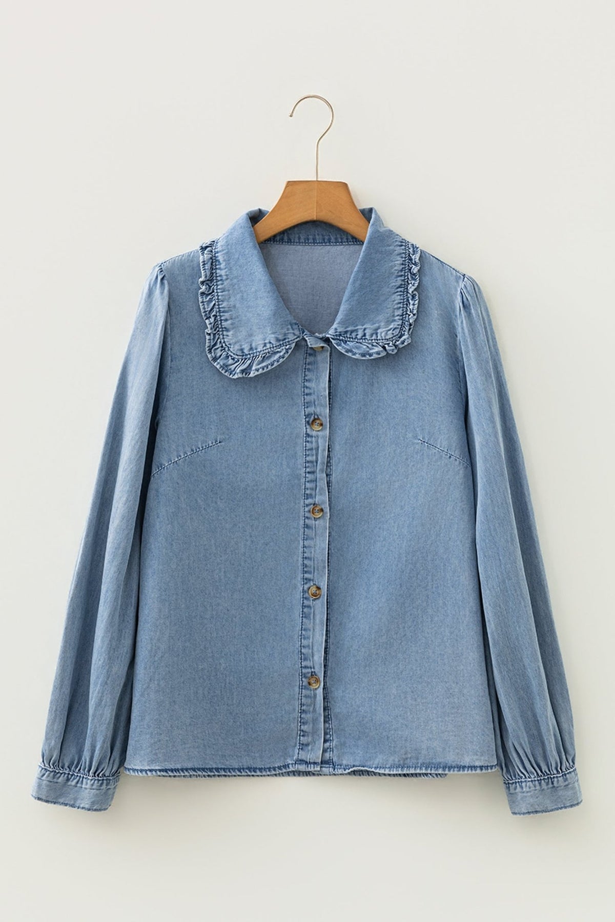 Western Denim Ruffle Peter Pan Collar Shirt - Rooted & Reckless Co.