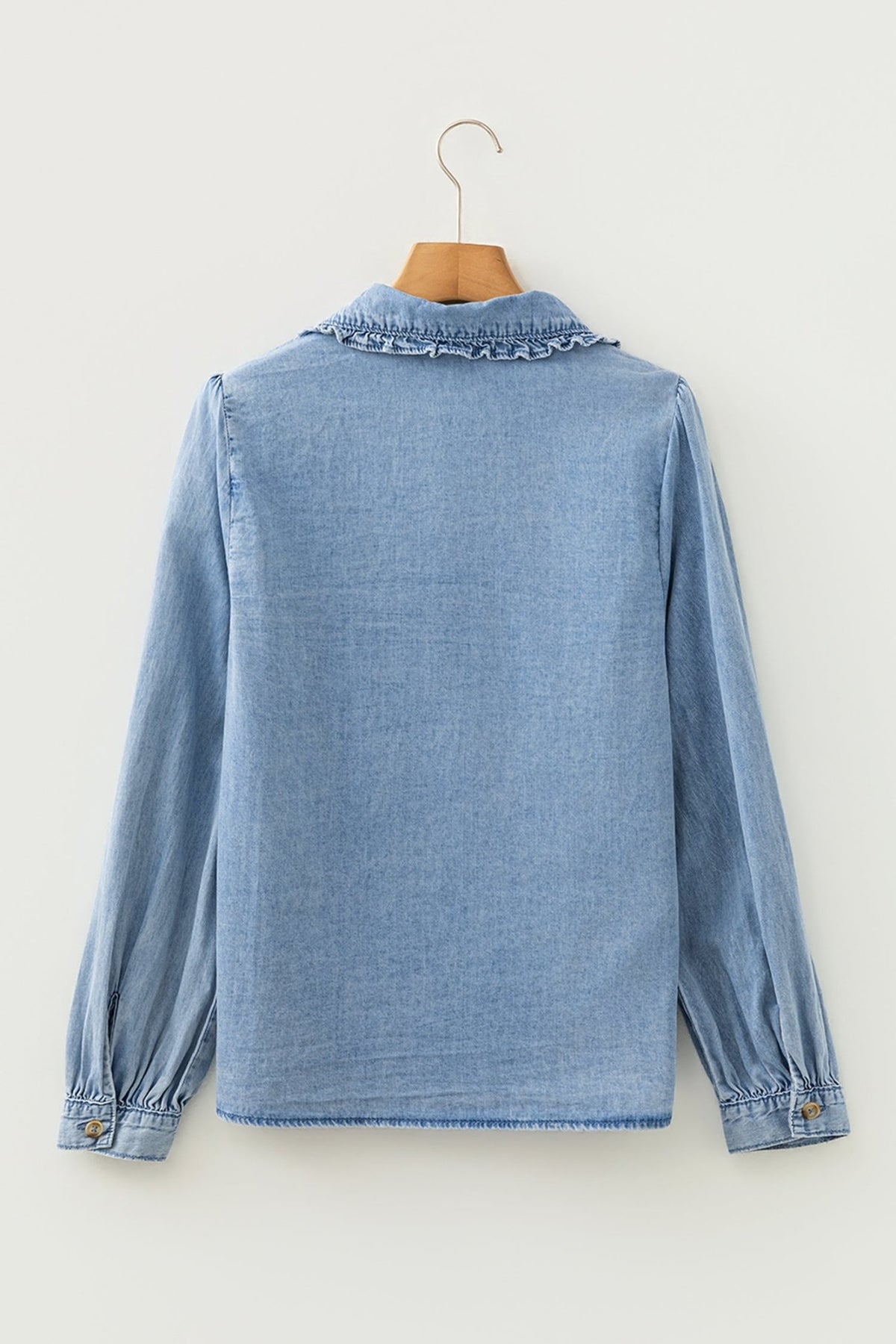 Western Denim Ruffle Peter Pan Collar Shirt - Rooted & Reckless Co.