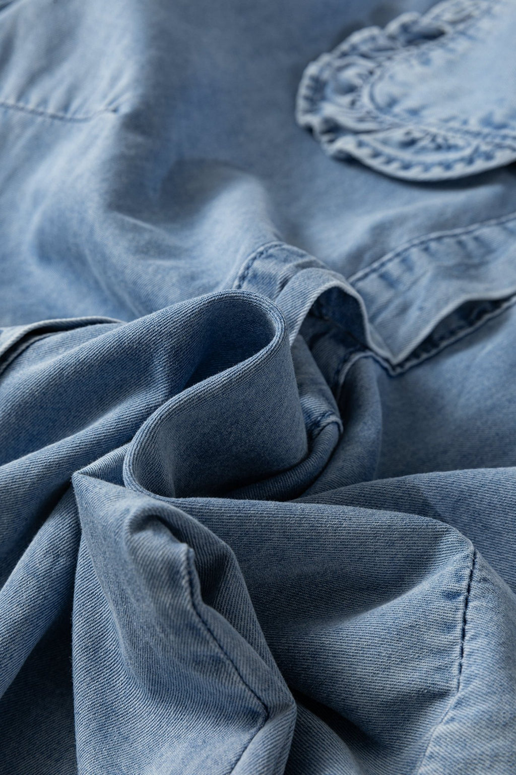 Western Denim Ruffle Peter Pan Collar Shirt - Rooted & Reckless Co.