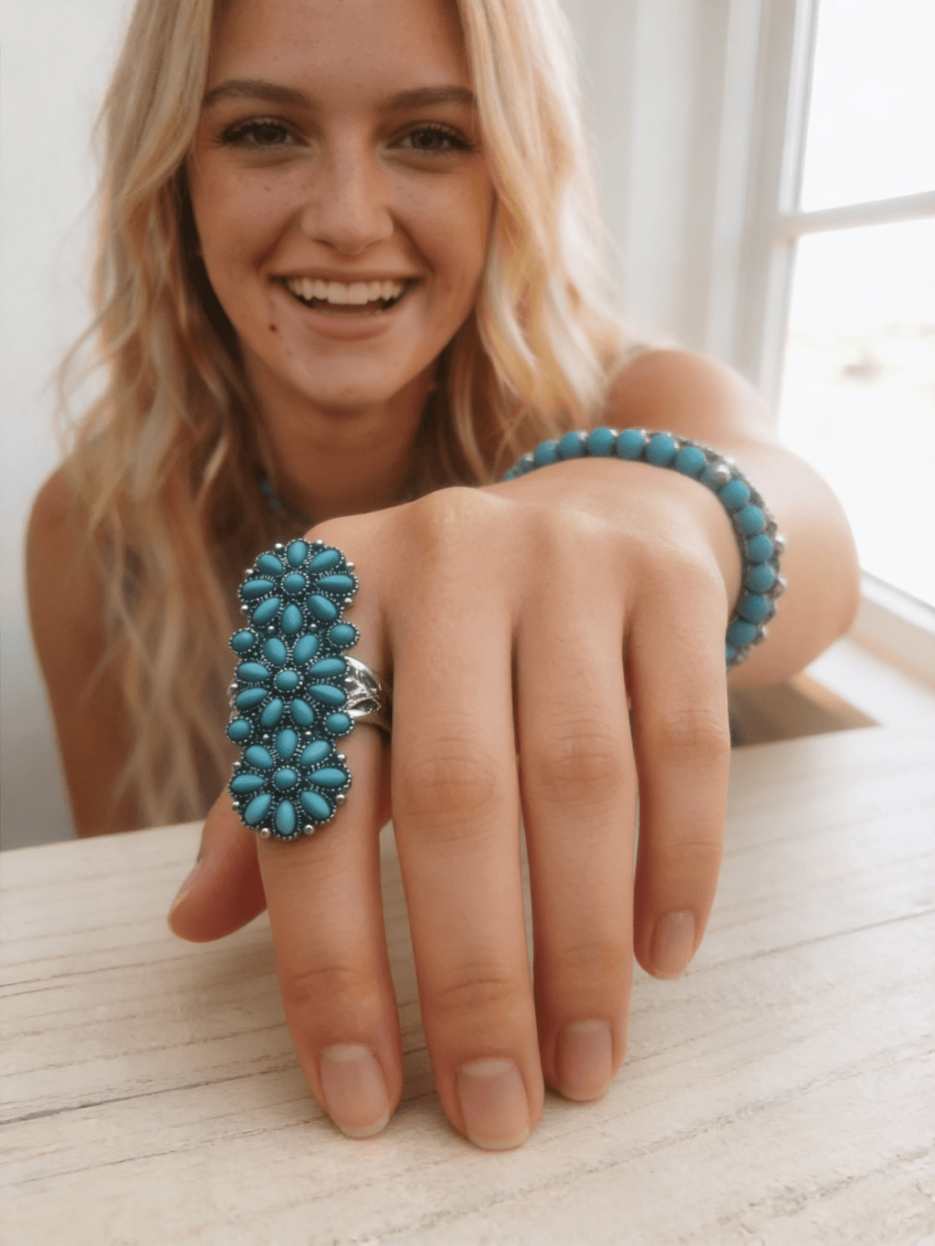 Western Desert Bloom Cluster Adjustable Ring — Faux Turquoise Hand Statement - Rooted & Reckless Co.