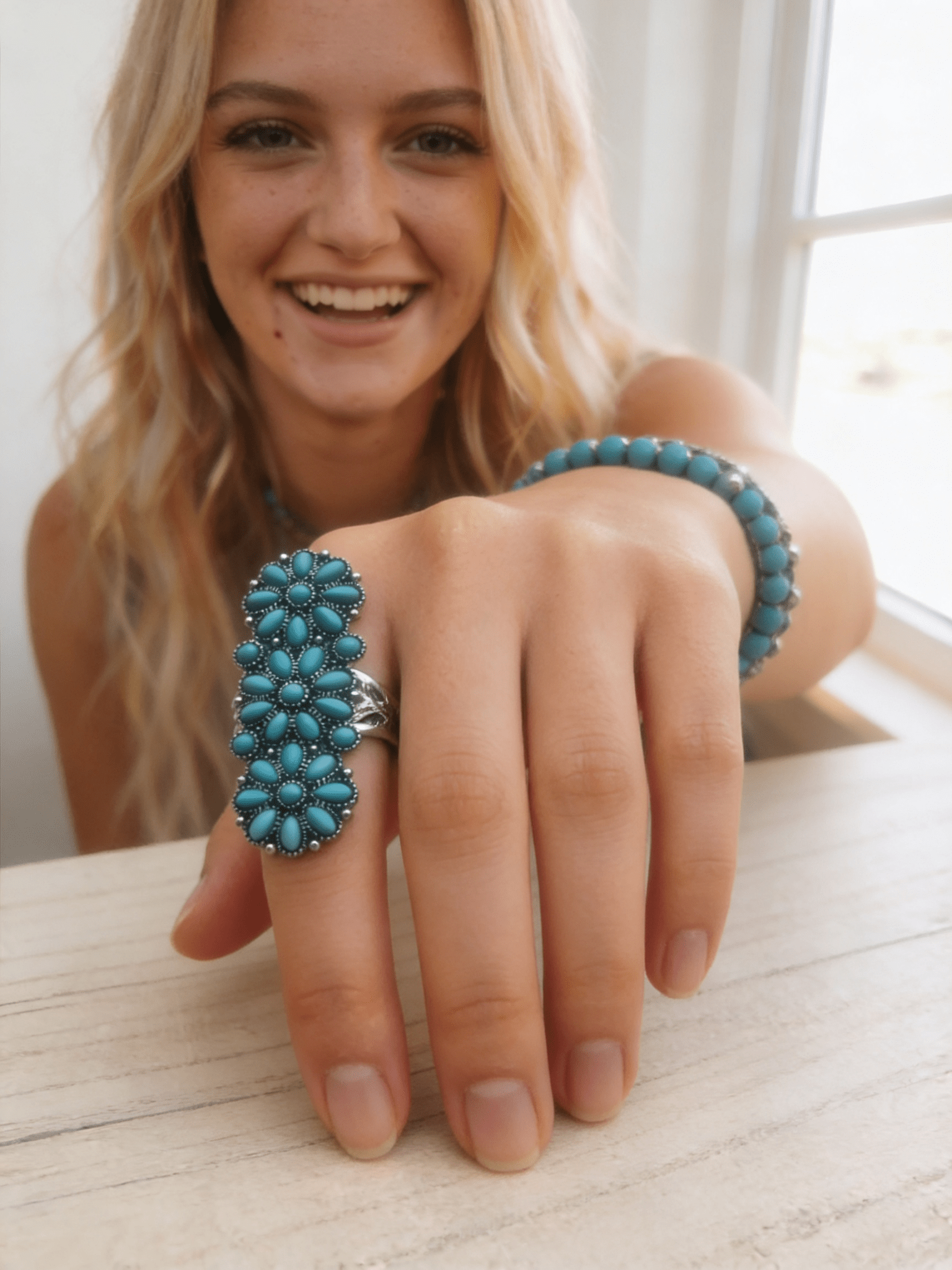 Western Desert Bloom Cluster Adjustable Ring — Faux Turquoise Hand Statement - Rooted & Reckless Co.