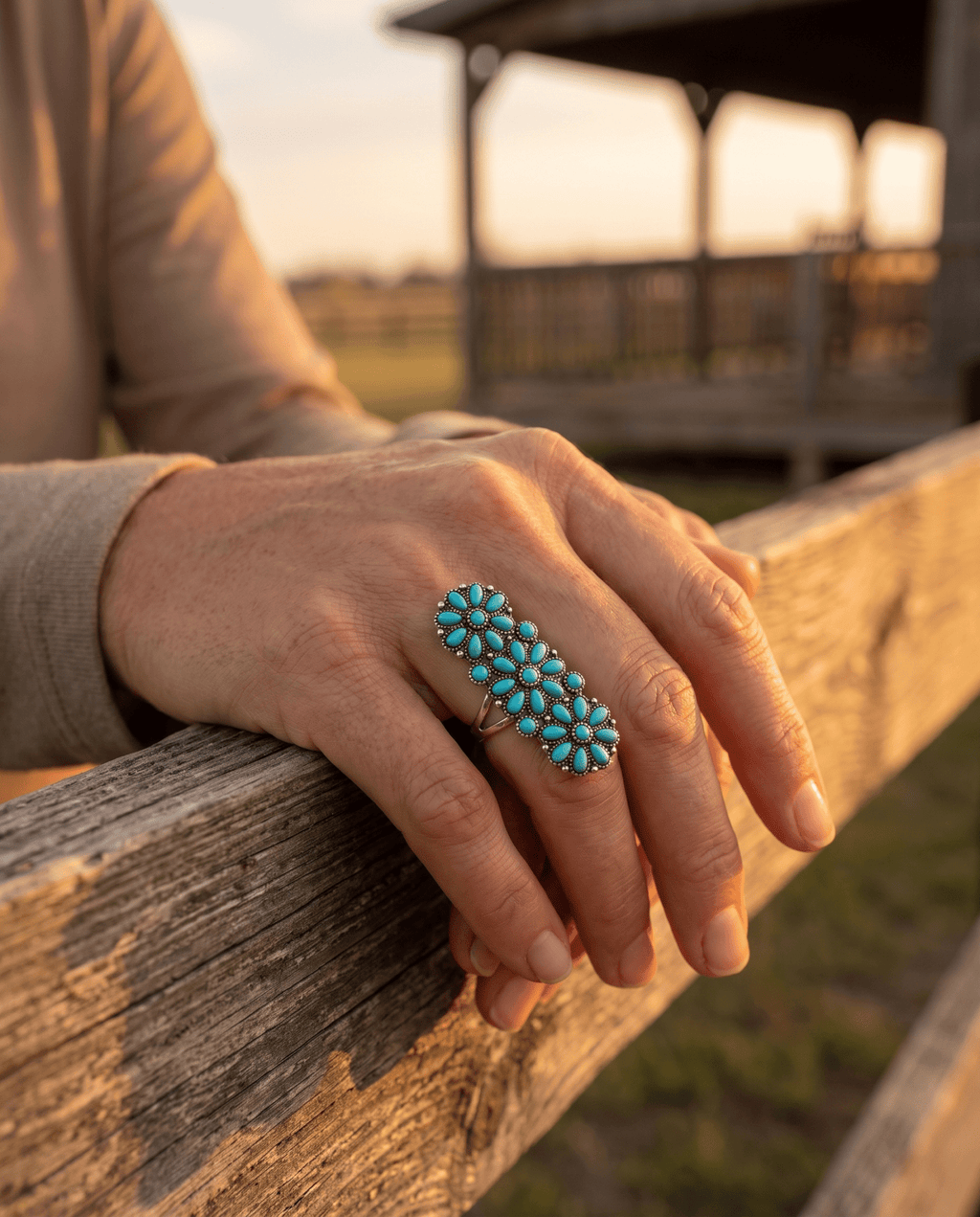 Western Desert Bloom Cluster Adjustable Ring — Faux Turquoise Hand Statement - Rooted & Reckless Co.