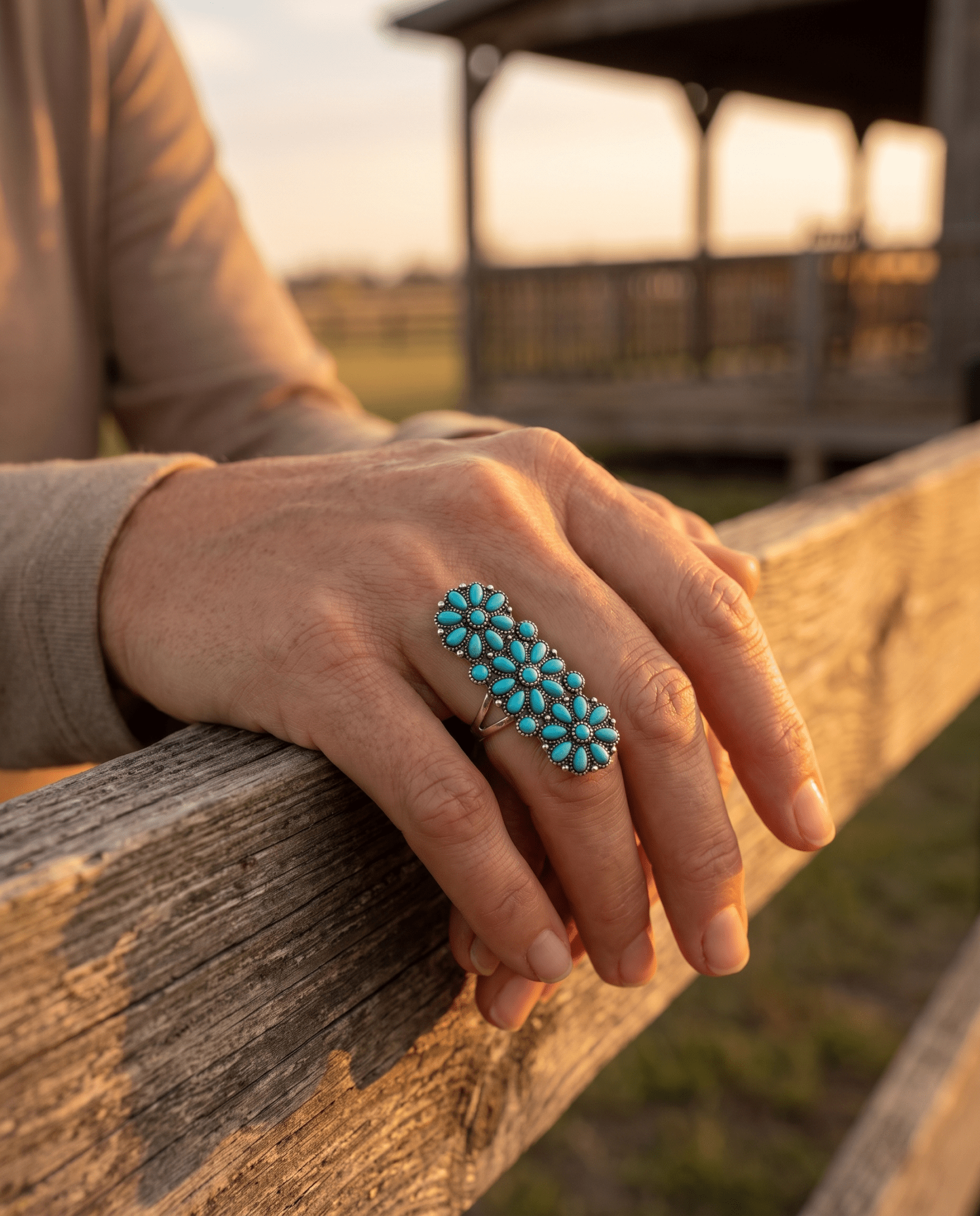 Western Desert Bloom Cluster Adjustable Ring — Faux Turquoise Hand Statement - Rooted & Reckless Co.