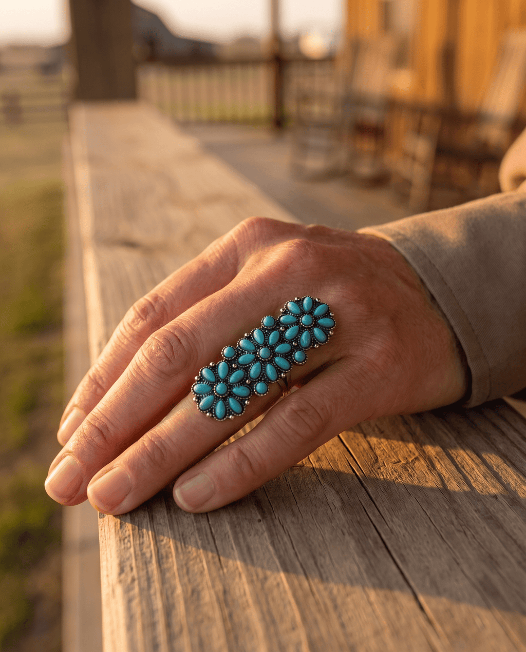 Western Desert Bloom Cluster Adjustable Ring — Faux Turquoise Hand Statement - Rooted & Reckless Co.