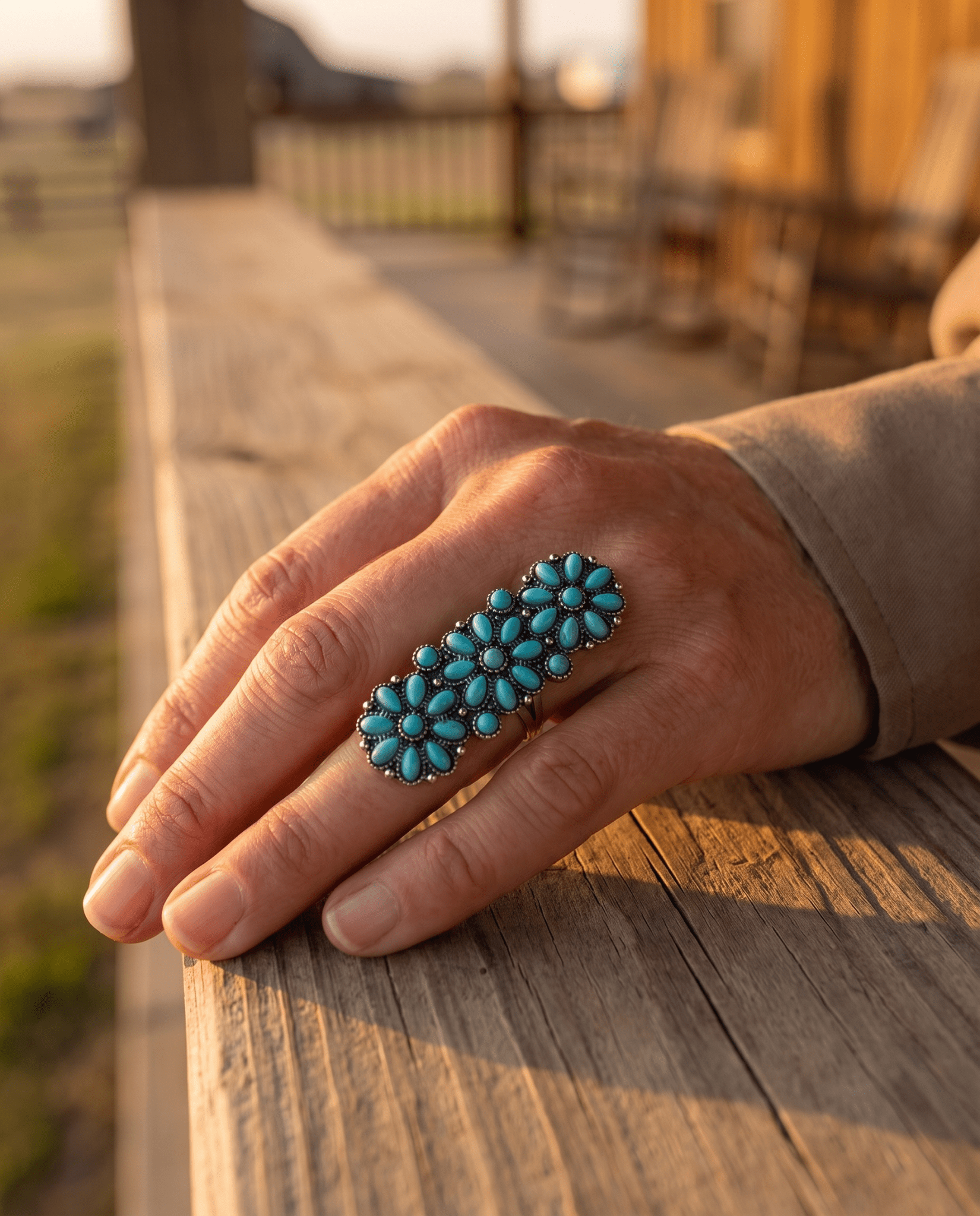 Western Desert Bloom Cluster Adjustable Ring — Faux Turquoise Hand Statement - Rooted & Reckless Co.