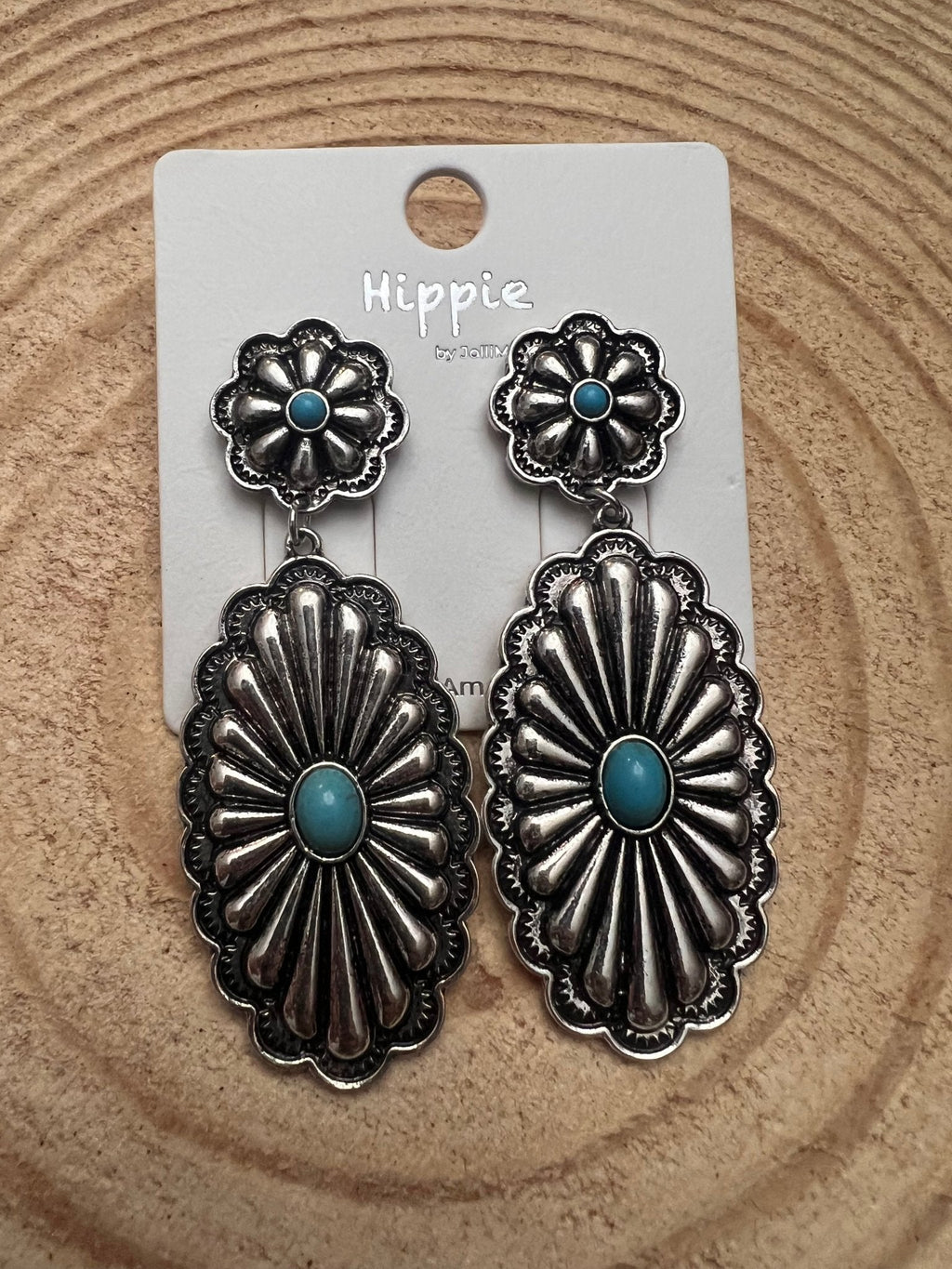 Western Double Concho Earrings with Faux Turquoise — Bold 3" Drop - Rooted & Reckless Co.