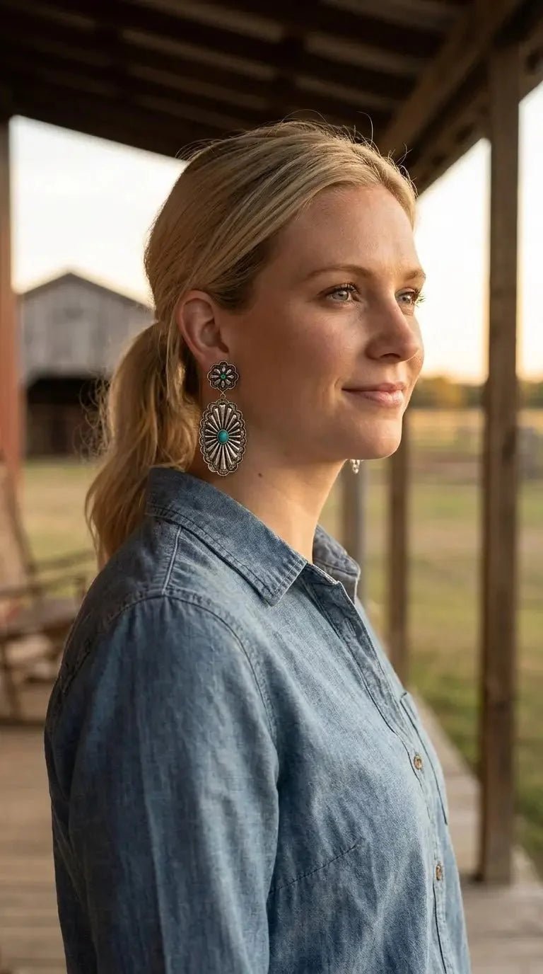 Western Double Concho Earrings with Faux Turquoise — Bold 3" Drop - Rooted & Reckless Co.