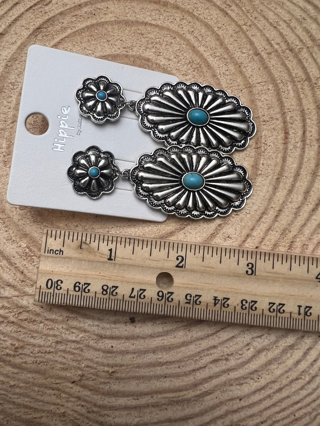 Western Double Concho Earrings with Faux Turquoise — Bold 3" Drop - Rooted & Reckless Co.