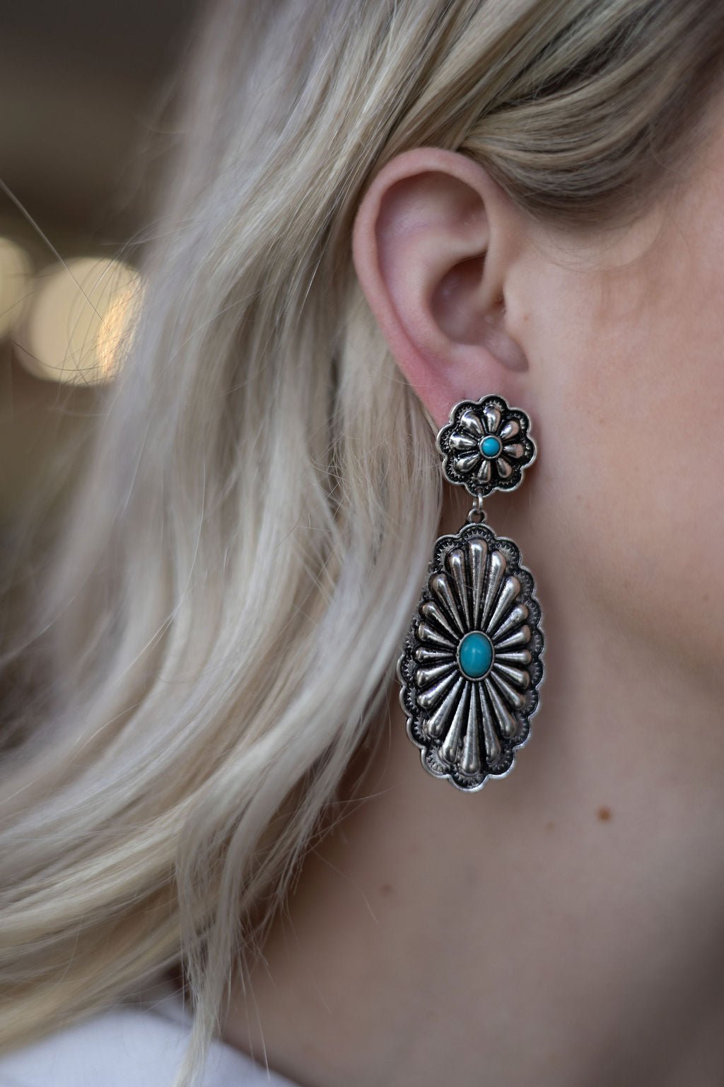 Western Double Concho Earrings with Faux Turquoise — Bold 3" Drop - Rooted & Reckless Co.