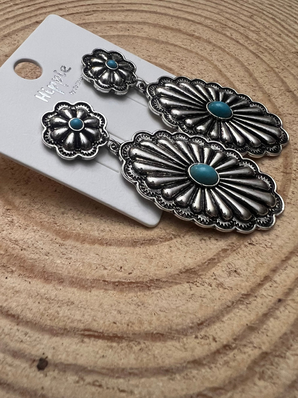 Western Double Concho Earrings with Faux Turquoise — Bold 3" Drop - Rooted & Reckless Co.