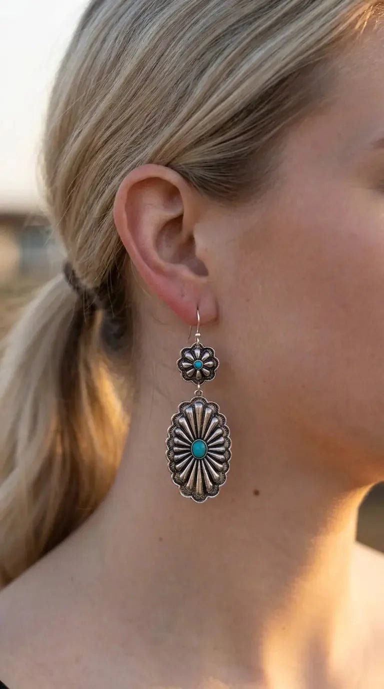 Western Double Concho Earrings with Faux Turquoise — Bold 3" Drop - Rooted & Reckless Co.
