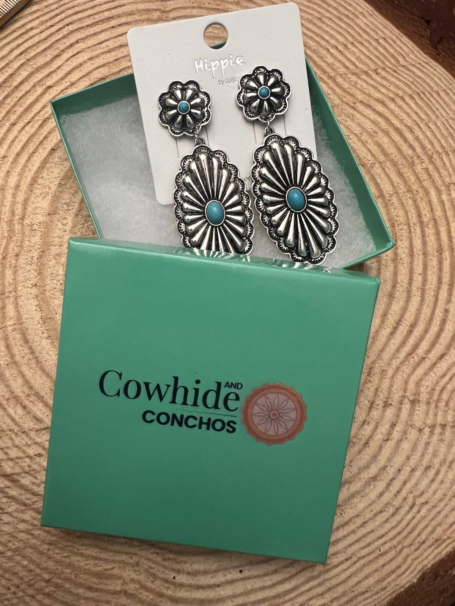 Western Double Concho Earrings with Faux Turquoise — Bold 3" Drop - Rooted & Reckless Co.