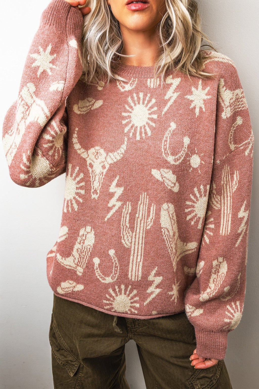 Western Drop Shoulder Long Sleeve Sweater - Rooted & Reckless Co.