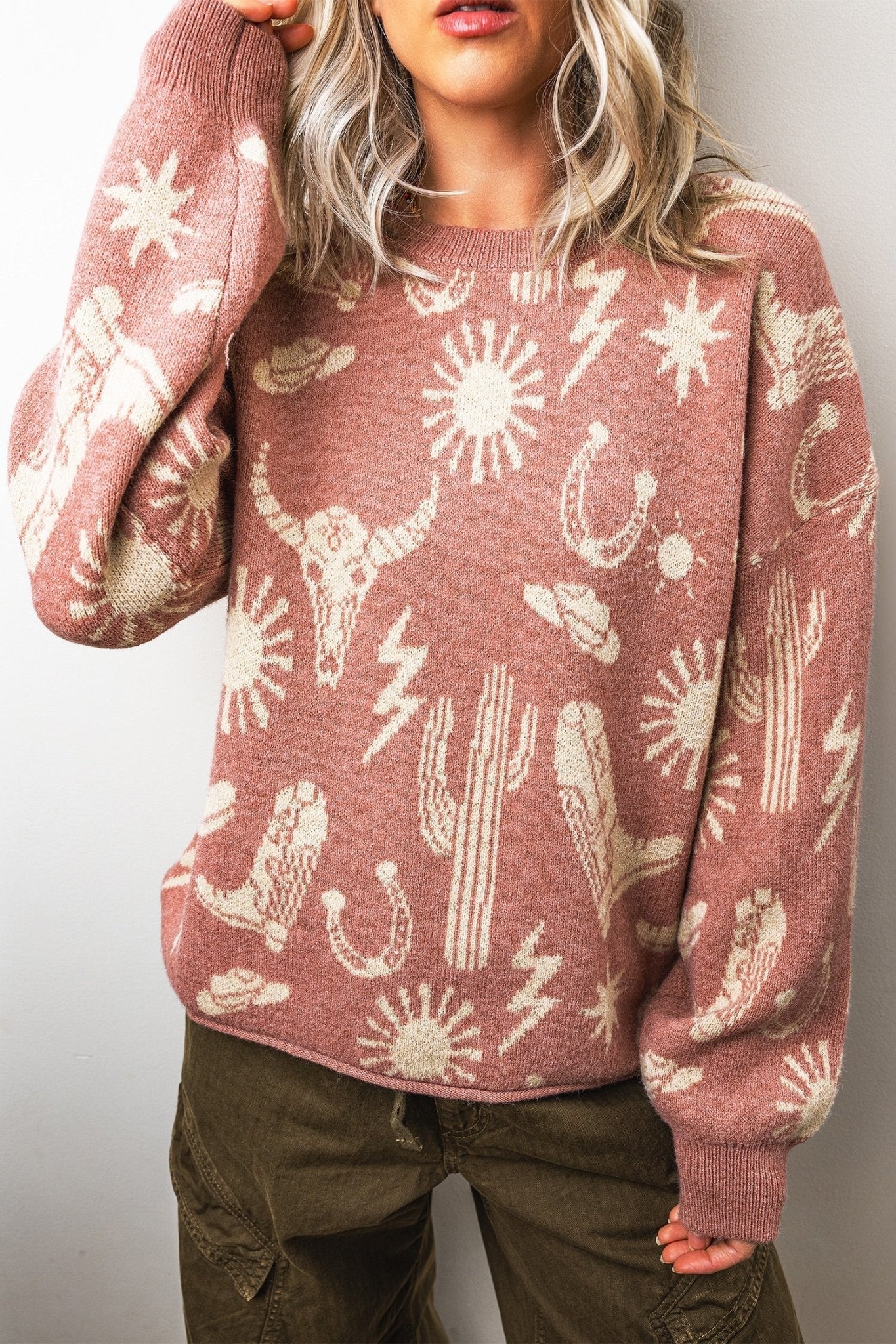 Western Drop Shoulder Long Sleeve Sweater - Rooted & Reckless Co.