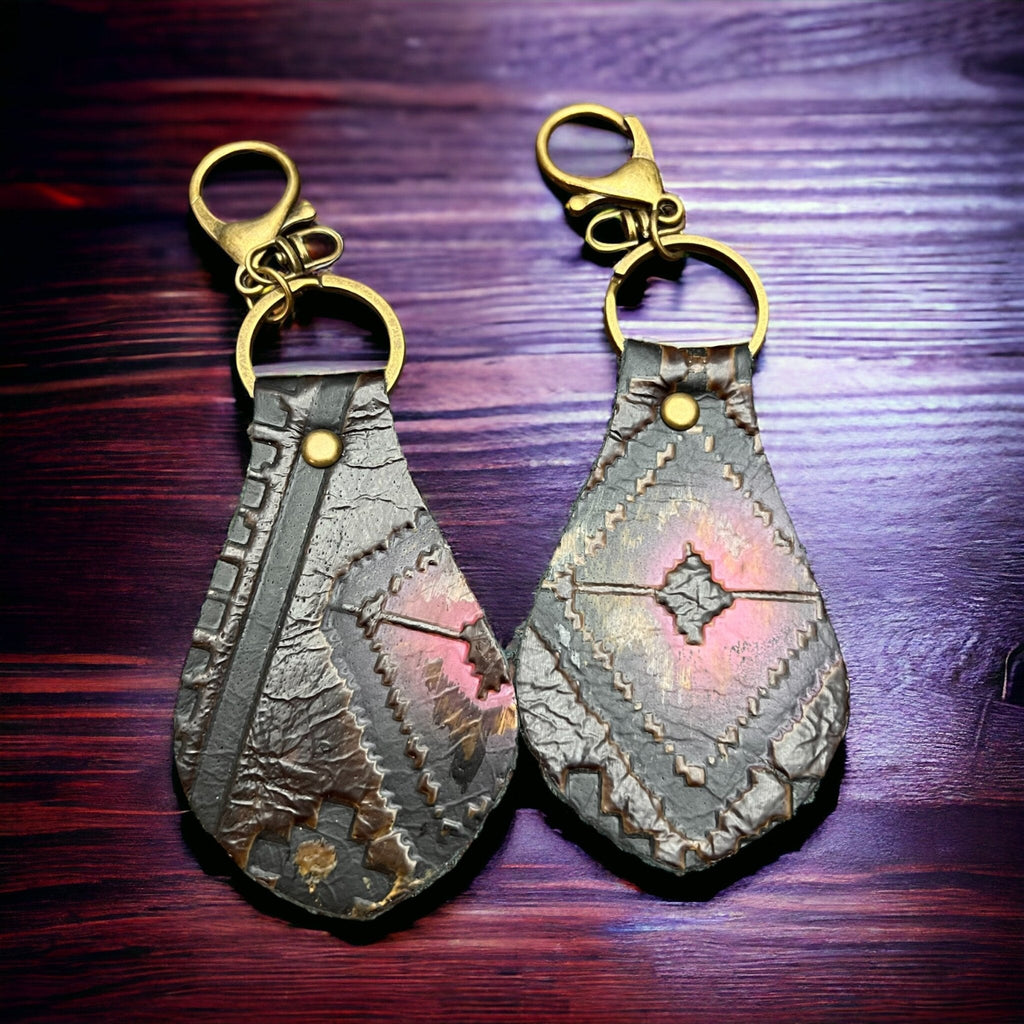 Western Embossed Leather Key Chain — Magenta Navajo Print (Handmade in Texas) - Rooted & Reckless Co.