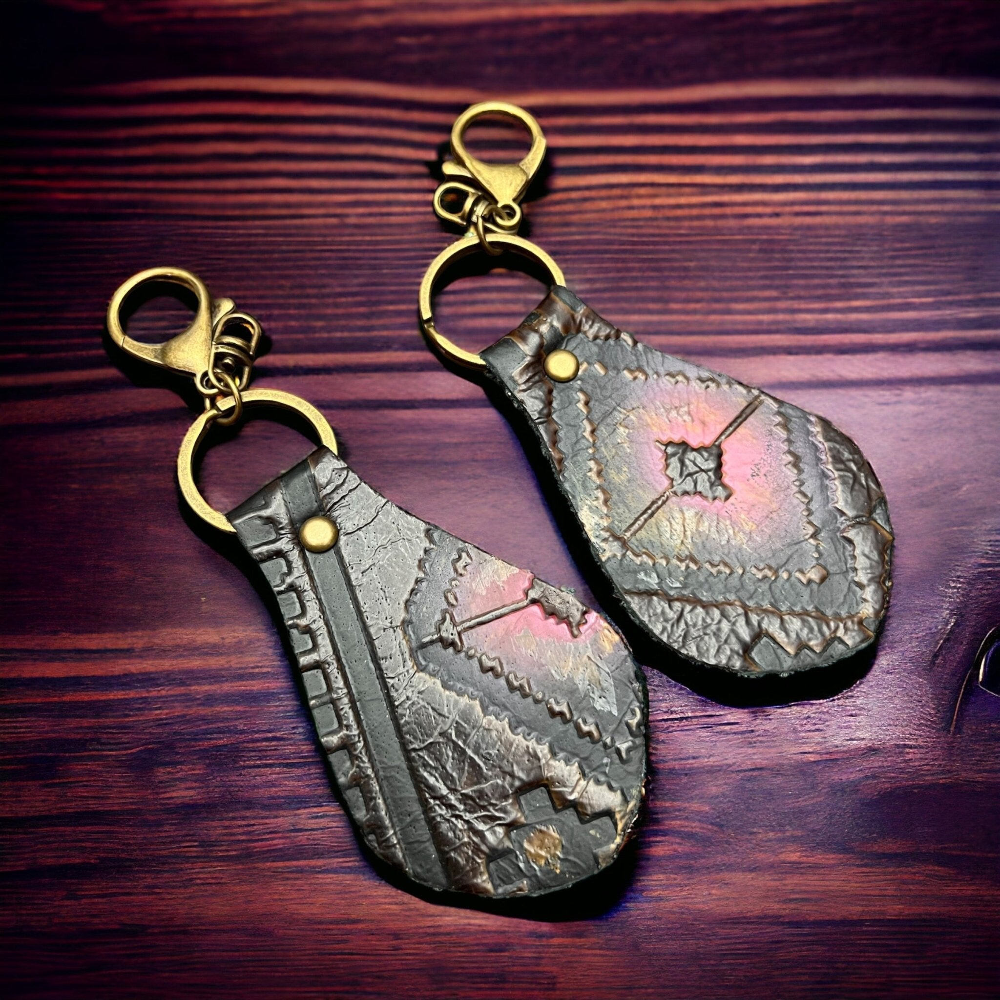 Western Embossed Leather Key Chain — Magenta Navajo Print (Handmade in Texas) - Rooted & Reckless Co.