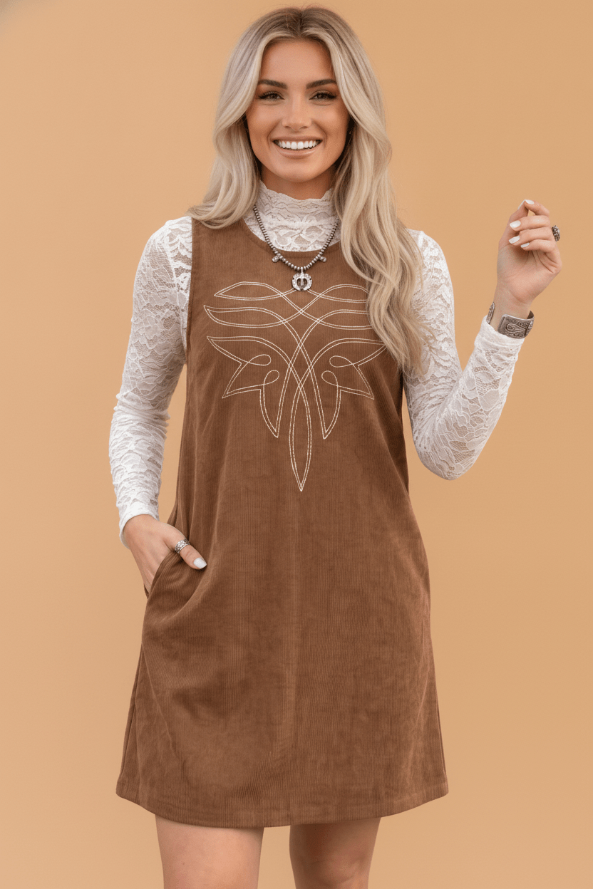 Western Embroidered Corduroy Sleeveless Mini Dress - Rooted & Reckless Co.