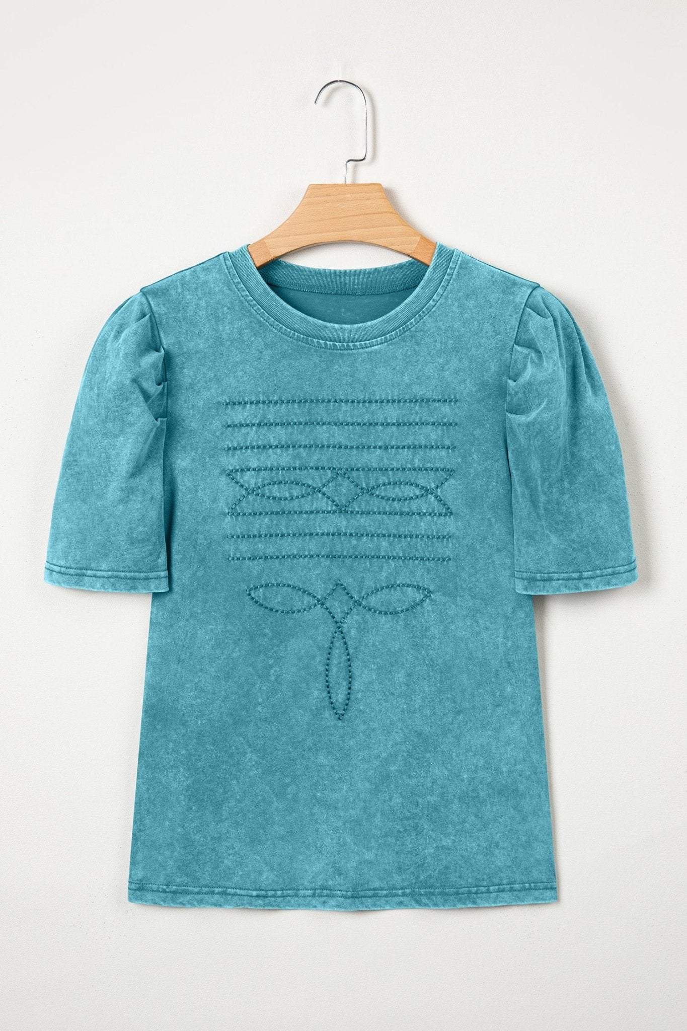 Western Embroidered Mineral Wash Puff Sleeve Tee - Rooted & Reckless Co.