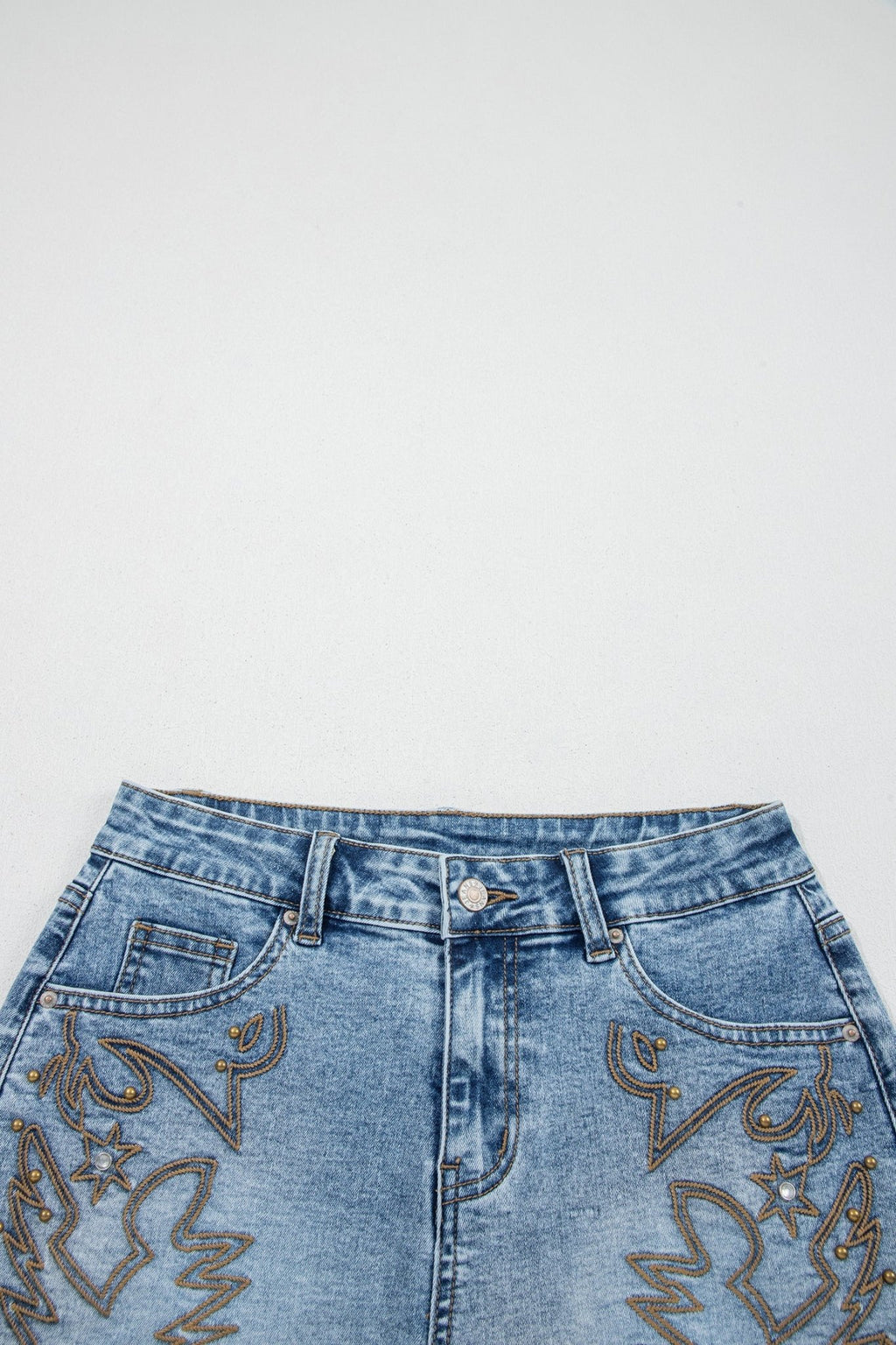 Western Embroidered Studded Denim Shorts - Rooted & Reckless Co.