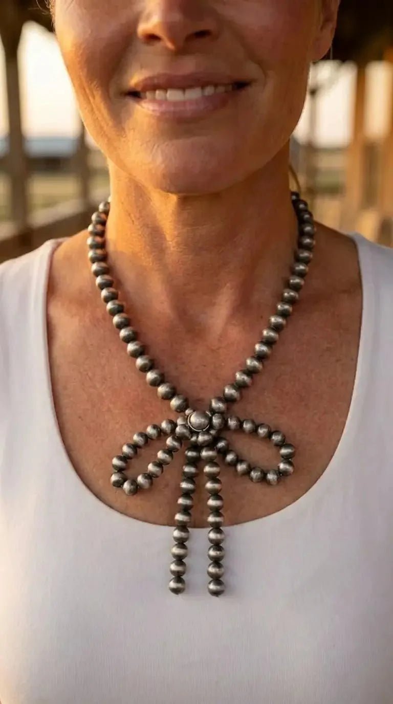 Western Faux Bow Pearl Necklace — 10mm Faux Sterling Pearls (16 Inch) - Rooted & Reckless Co.