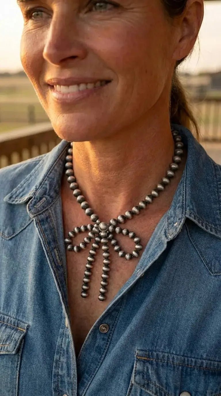 Western Faux Bow Pearl Necklace — 10mm Faux Sterling Pearls (16 Inch) - Rooted & Reckless Co.