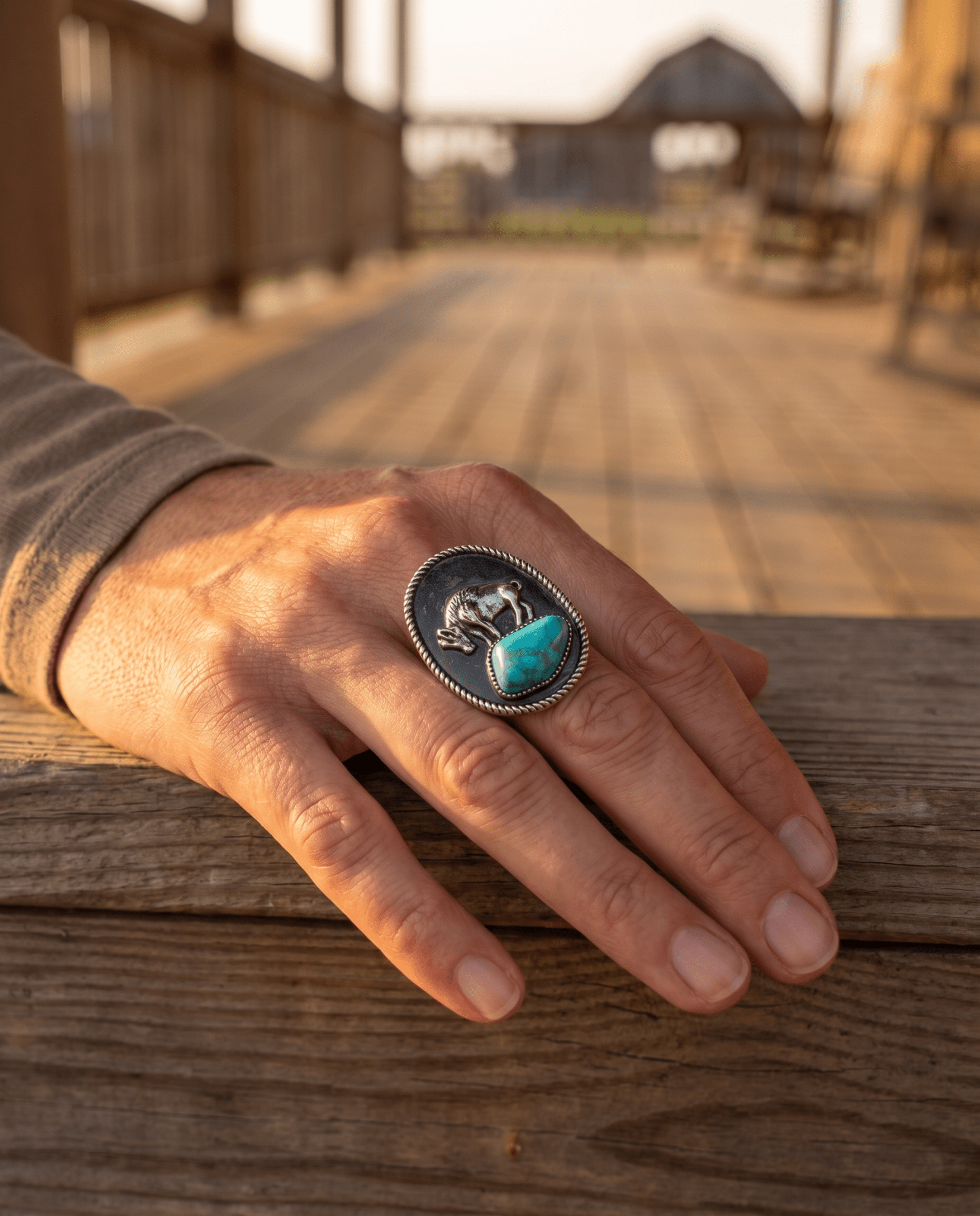 Western Faux Buffalo Coin & Faux Turquoise Nugget Adjustable Ring — Wild West Hand Statement - Rooted & Reckless Co.