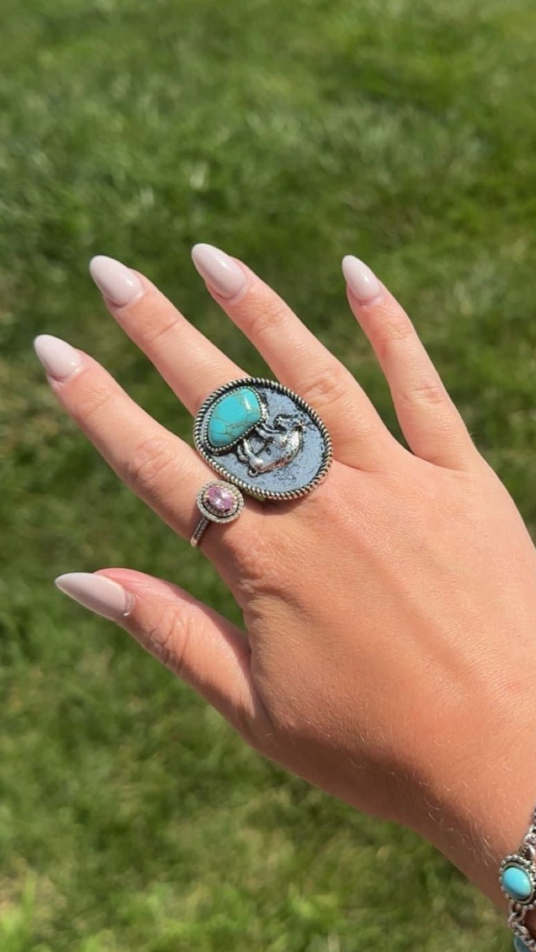 Western Faux Buffalo Coin & Faux Turquoise Nugget Adjustable Ring — Wild West Hand Statement - Rooted & Reckless Co.