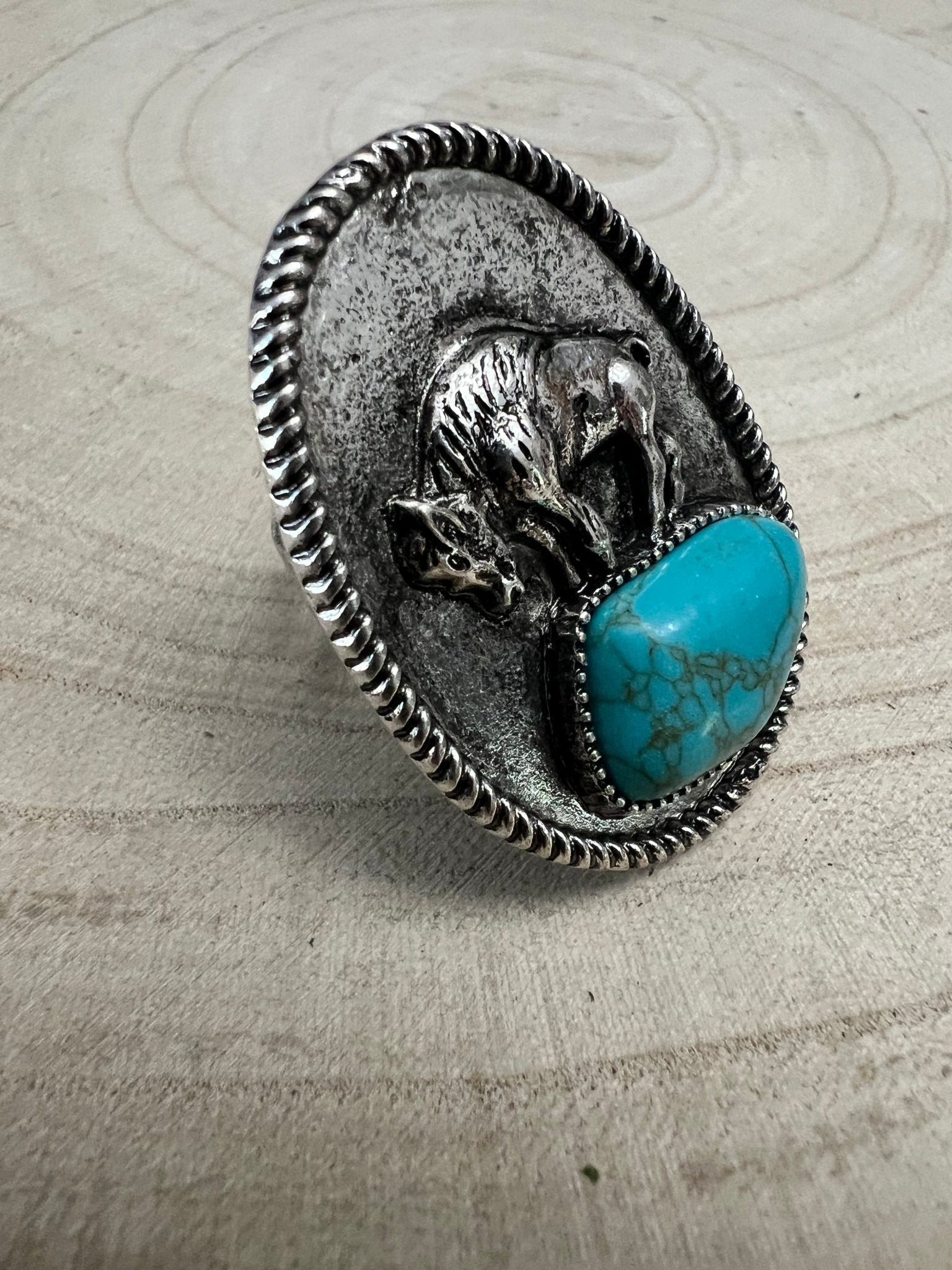 Western Faux Buffalo Coin & Faux Turquoise Nugget Adjustable Ring — Wild West Hand Statement - Rooted & Reckless Co.