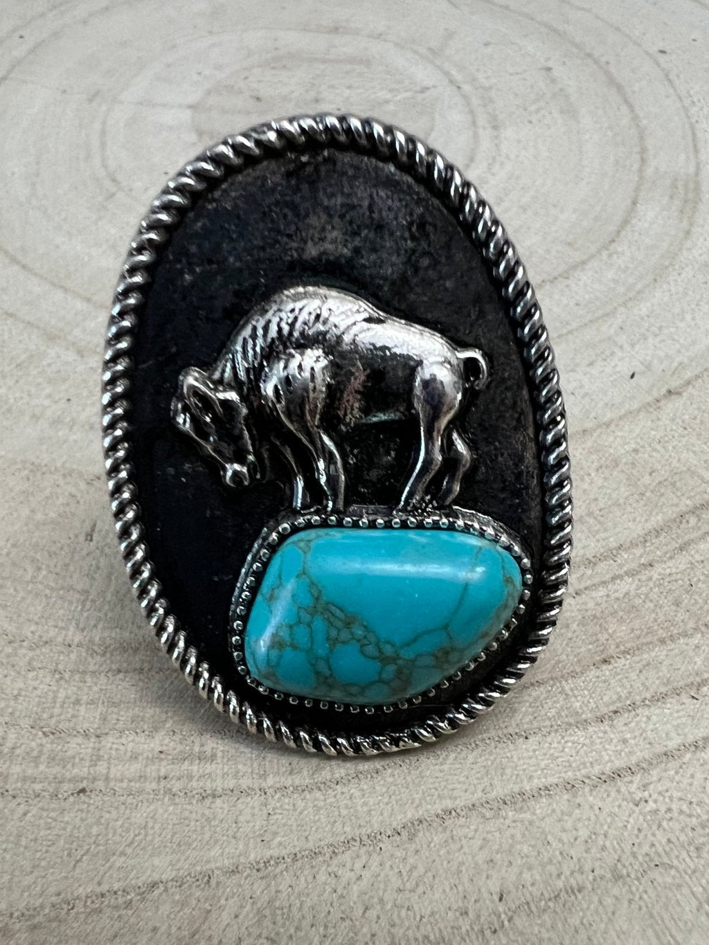 Western Faux Buffalo Coin & Faux Turquoise Nugget Adjustable Ring — Wild West Hand Statement - Rooted & Reckless Co.