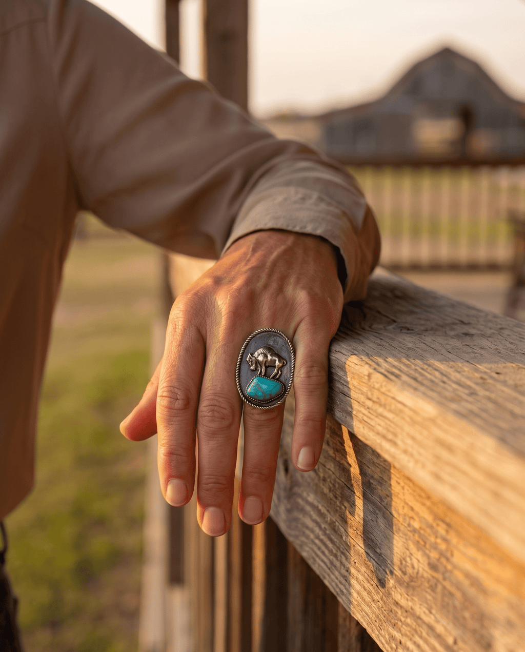Western Faux Buffalo Coin & Faux Turquoise Nugget Adjustable Ring — Wild West Hand Statement - Rooted & Reckless Co.