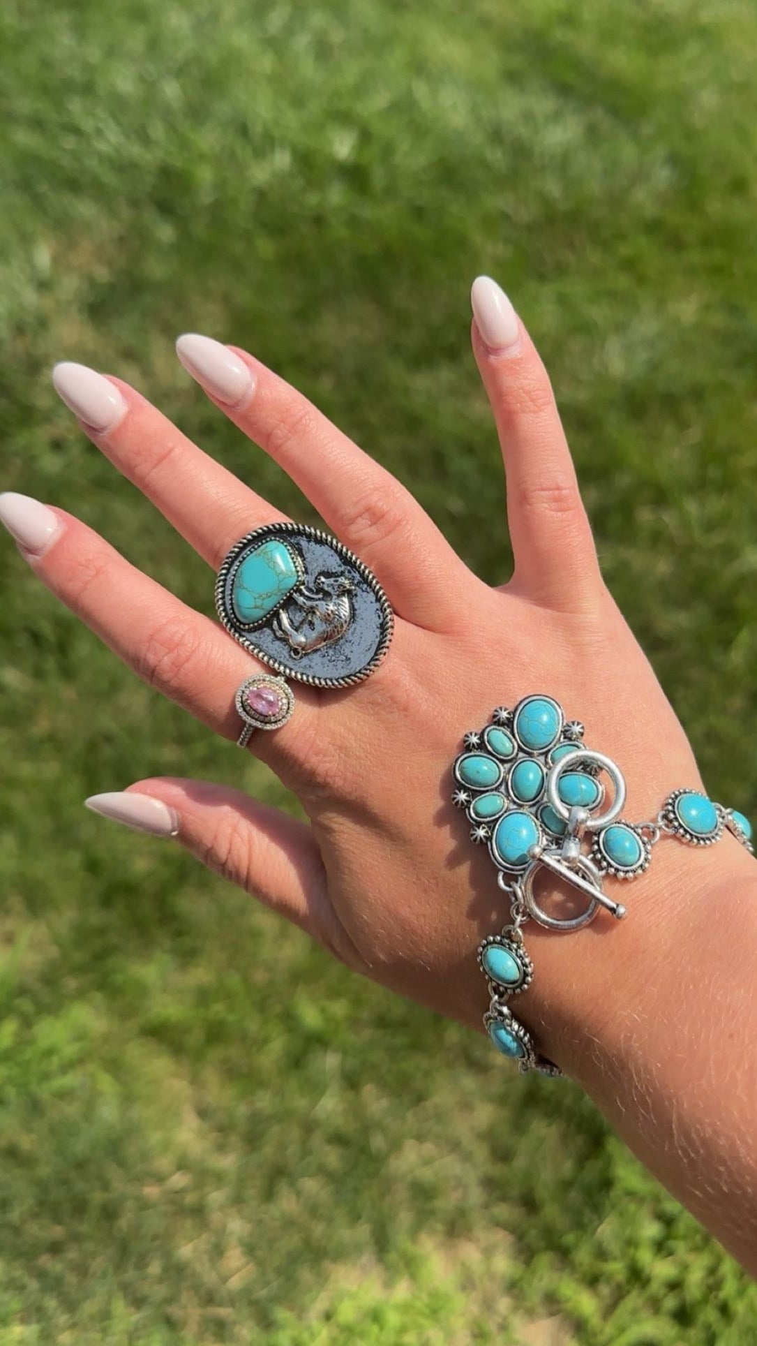 Western Faux Buffalo Coin & Faux Turquoise Nugget Adjustable Ring — Wild West Hand Statement - Rooted & Reckless Co.