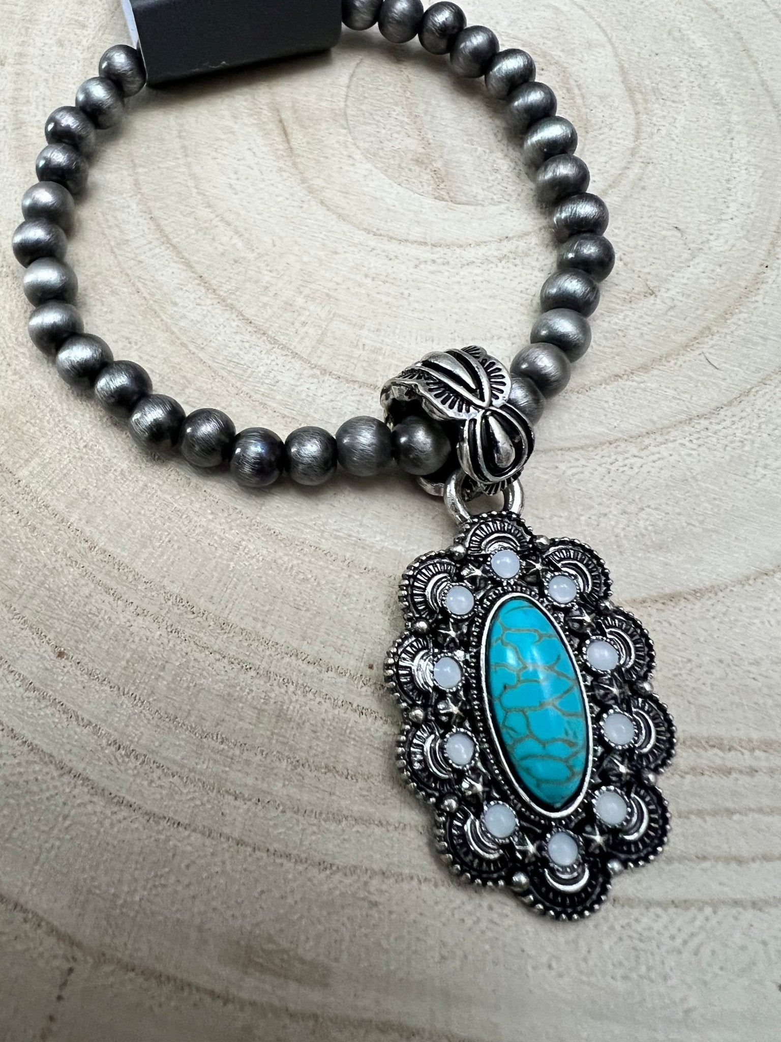 Western Faux Pearl, Concho & Faux Turquoise Stretch Bracelet - Rooted & Reckless Co.