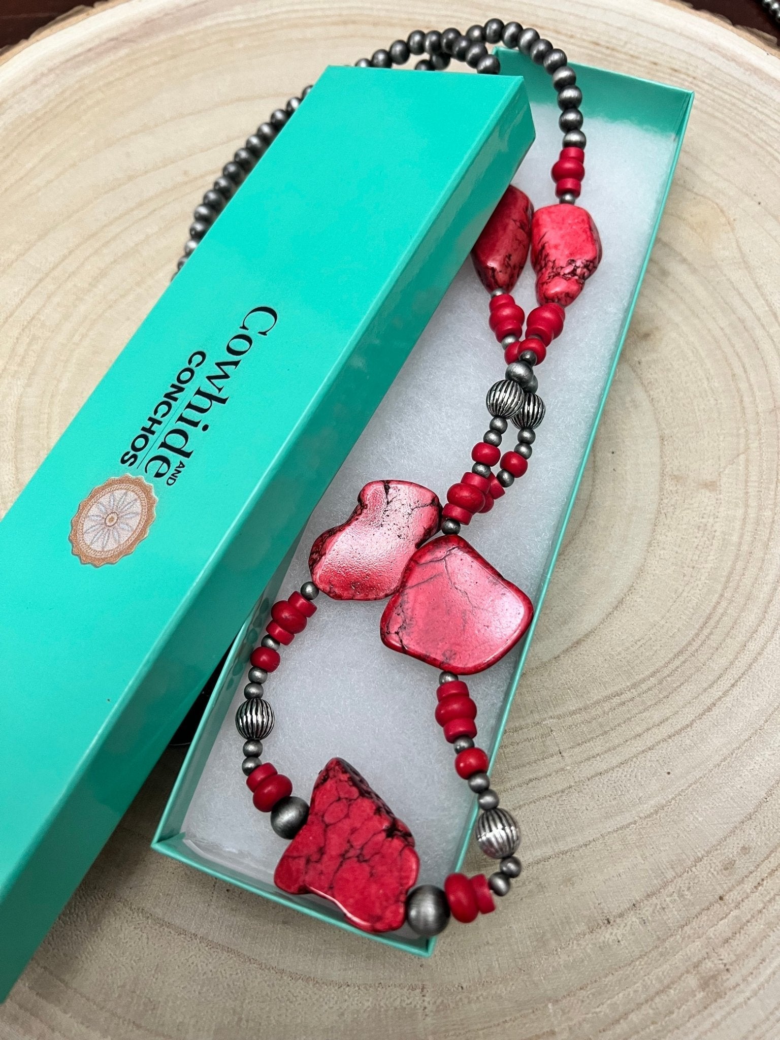 Western Faux Pearl Statement Necklace with Red Stone Centerpiece — 32 Inch Statement - Rooted & Reckless Co.