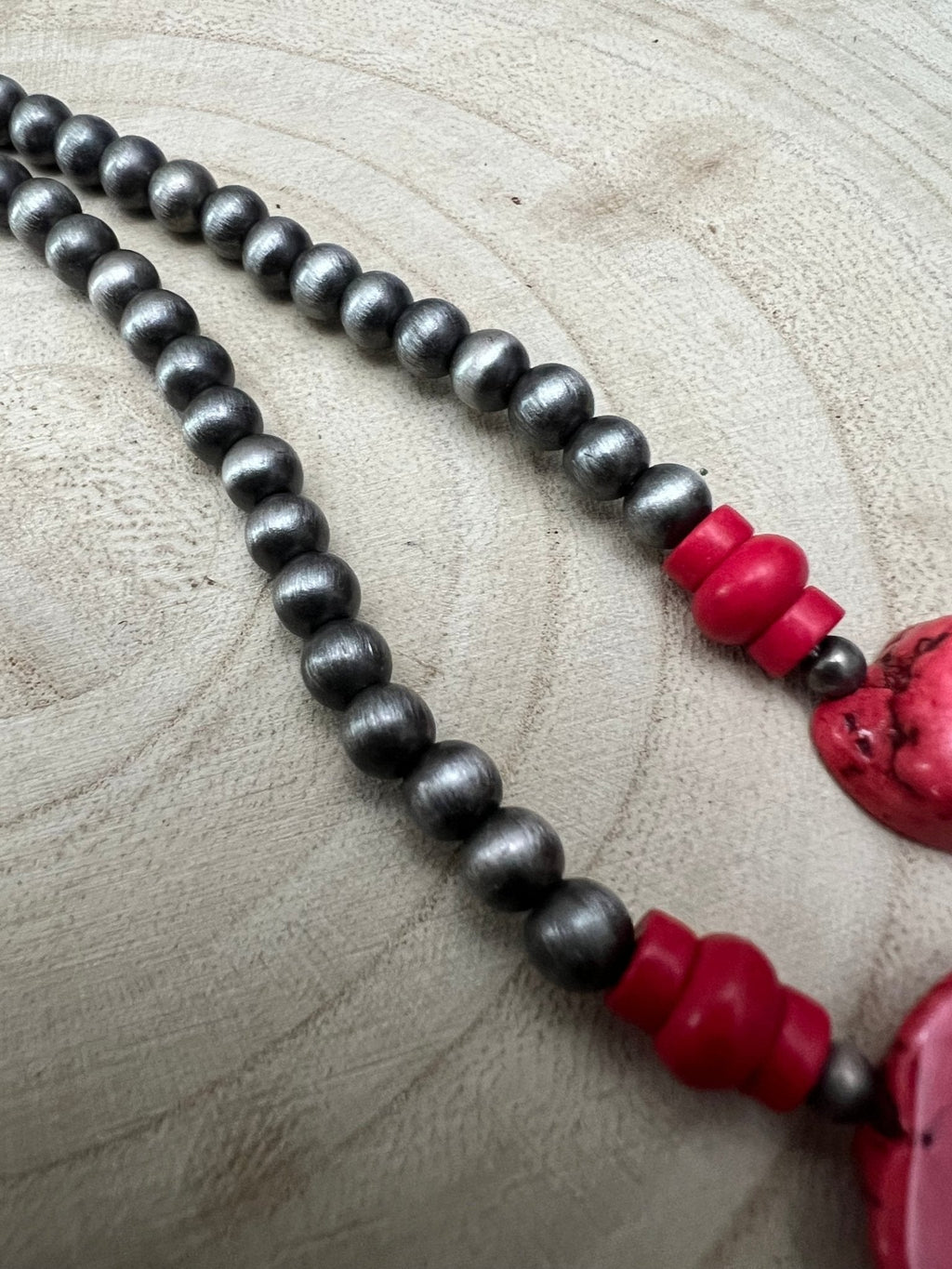 Western Faux Pearl Statement Necklace with Red Stone Centerpiece — 32 Inch Statement - Rooted & Reckless Co.