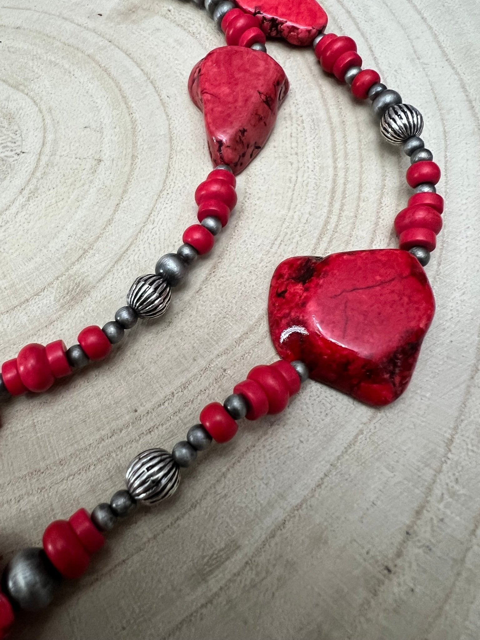Western Faux Pearl Statement Necklace with Red Stone Centerpiece — 32 Inch Statement - Rooted & Reckless Co.