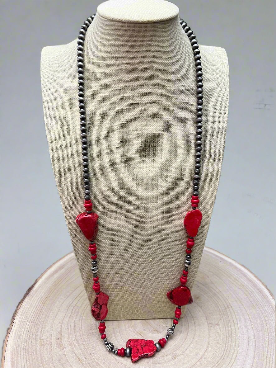 Western Faux Pearl Statement Necklace with Red Stone Centerpiece — 32 Inch Statement - Rooted & Reckless Co.