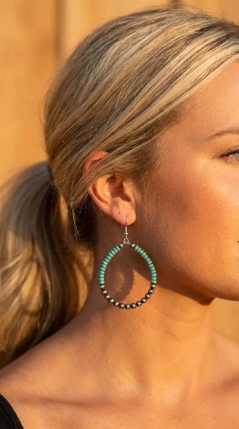 Western Faux Pearl & Turquoise Hoop Earrings with Disc Detail — 2½" Drop - Rooted & Reckless Co.