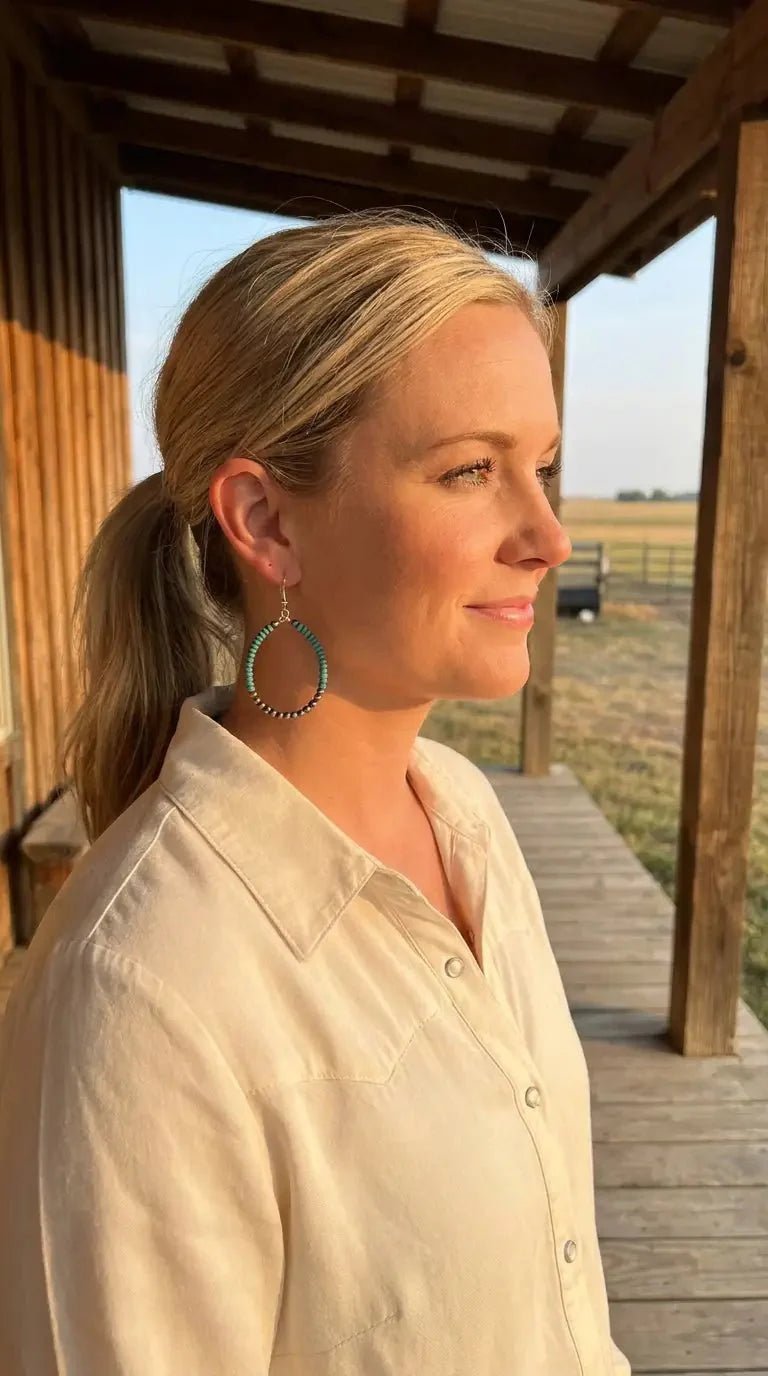 Western Faux Pearl & Turquoise Hoop Earrings with Disc Detail — 2½" Drop - Rooted & Reckless Co.