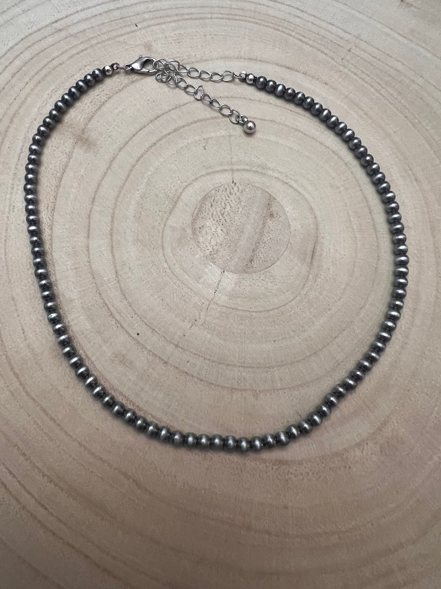 Western Faux Silver Pearl Choker — 4mm Navajo-Style Bead Necklace (12 Inch + Extender) - Rooted & Reckless Co.