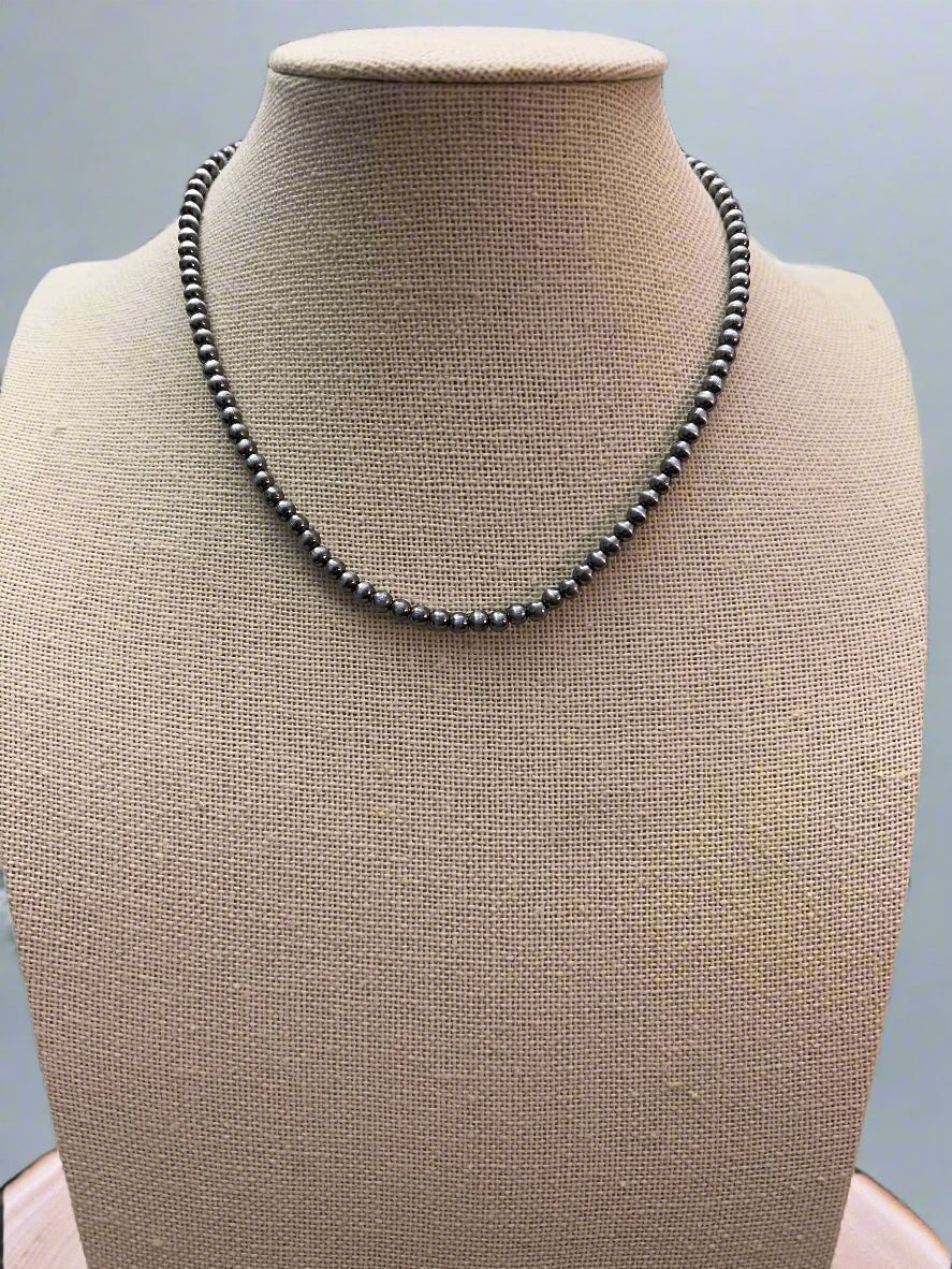 Western Faux Silver Pearl Choker — 4mm Navajo-Style Bead Necklace (12 Inch + Extender) - Rooted & Reckless Co.
