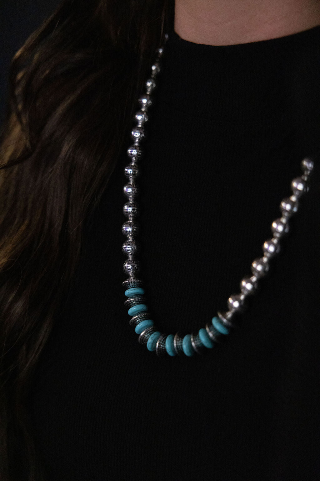 Western Faux Stamped Sterling Pearl Necklace with Saucers & Turquoise — 24 Inch - Rooted & Reckless Co.