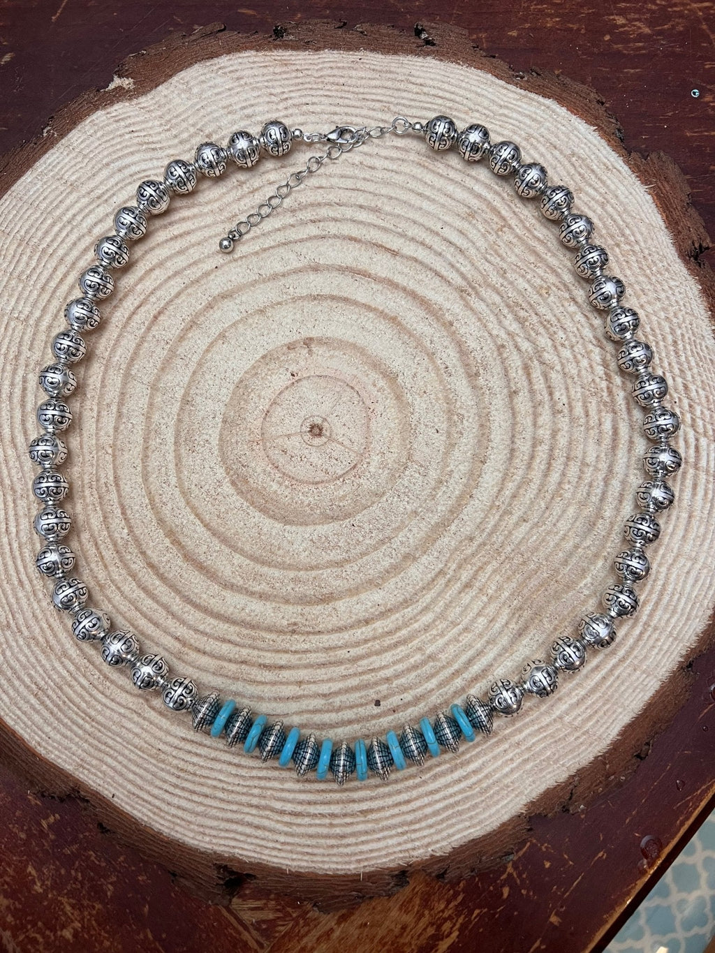 Western Faux Stamped Sterling Pearl Necklace with Saucers & Turquoise — 24 Inch - Rooted & Reckless Co.