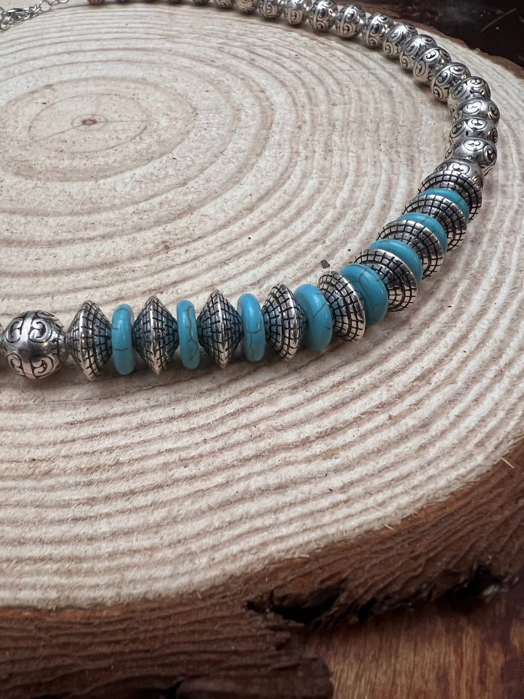 Western Faux Stamped Sterling Pearl Necklace with Saucers & Turquoise — 24 Inch - Rooted & Reckless Co.
