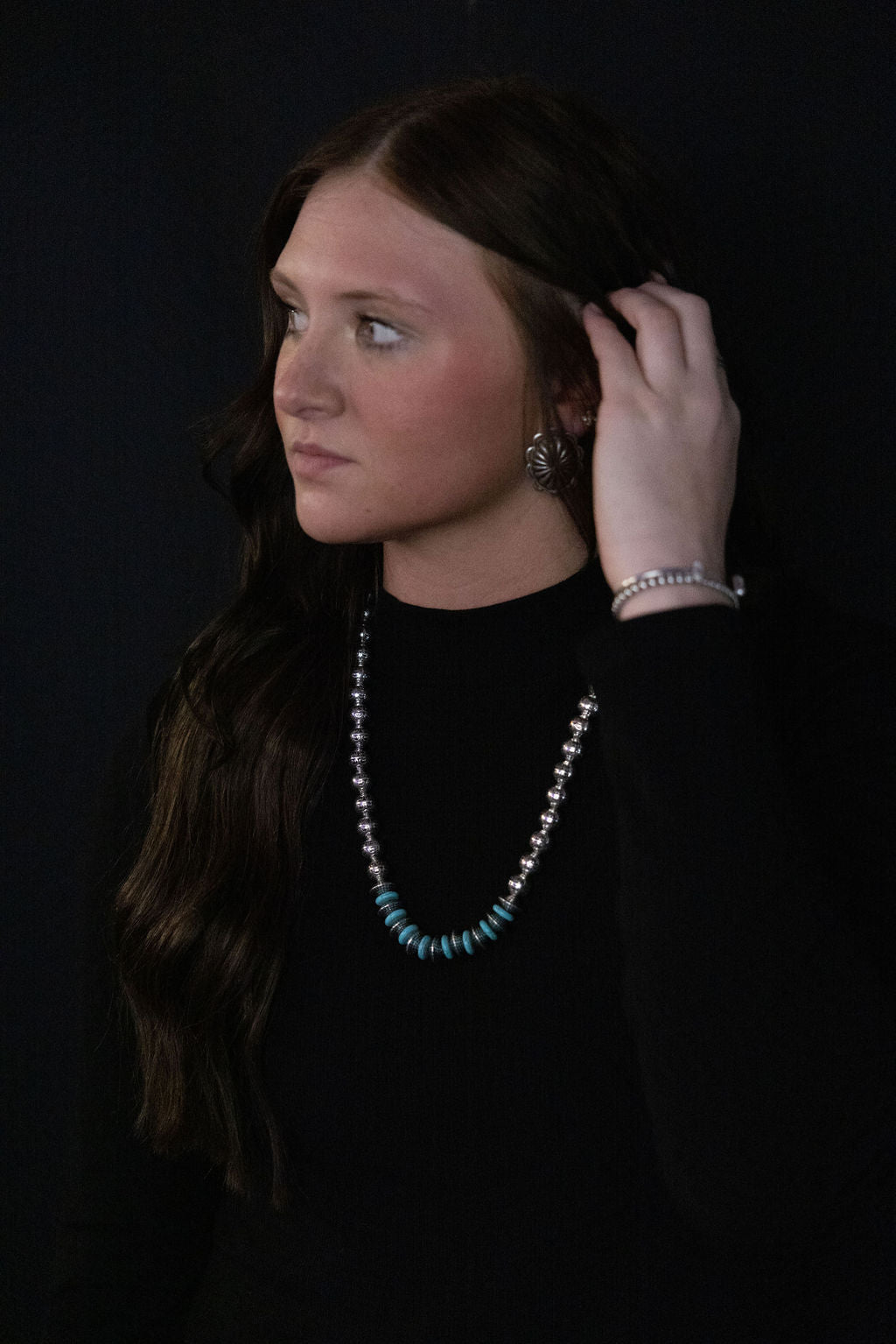 Western Faux Stamped Sterling Pearl Necklace with Saucers & Turquoise — 24 Inch - Rooted & Reckless Co.