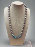 Western Faux Stamped Sterling Pearl Necklace with Saucers & Turquoise — 24 Inch - Rooted & Reckless Co.