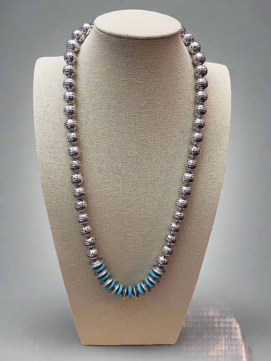 Western Faux Stamped Sterling Pearl Necklace with Saucers & Turquoise — 24 Inch - Rooted & Reckless Co.